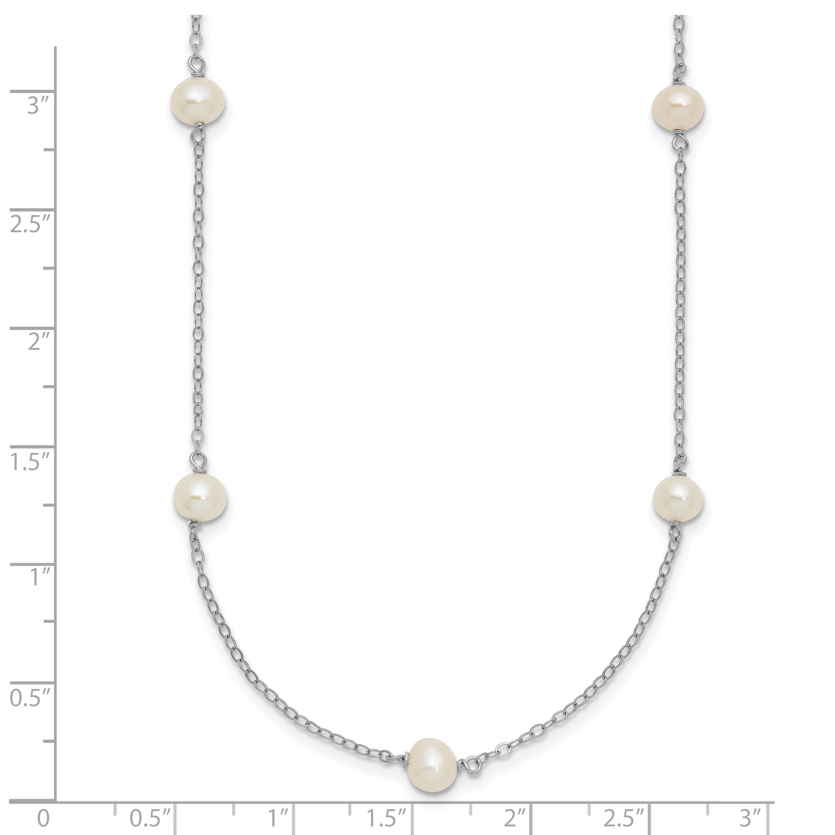 Sterling Silver Rhodium-plated 5-6mm White Near-Round Freshwater Cultured Pearl 9-Station 18 inch Necklace