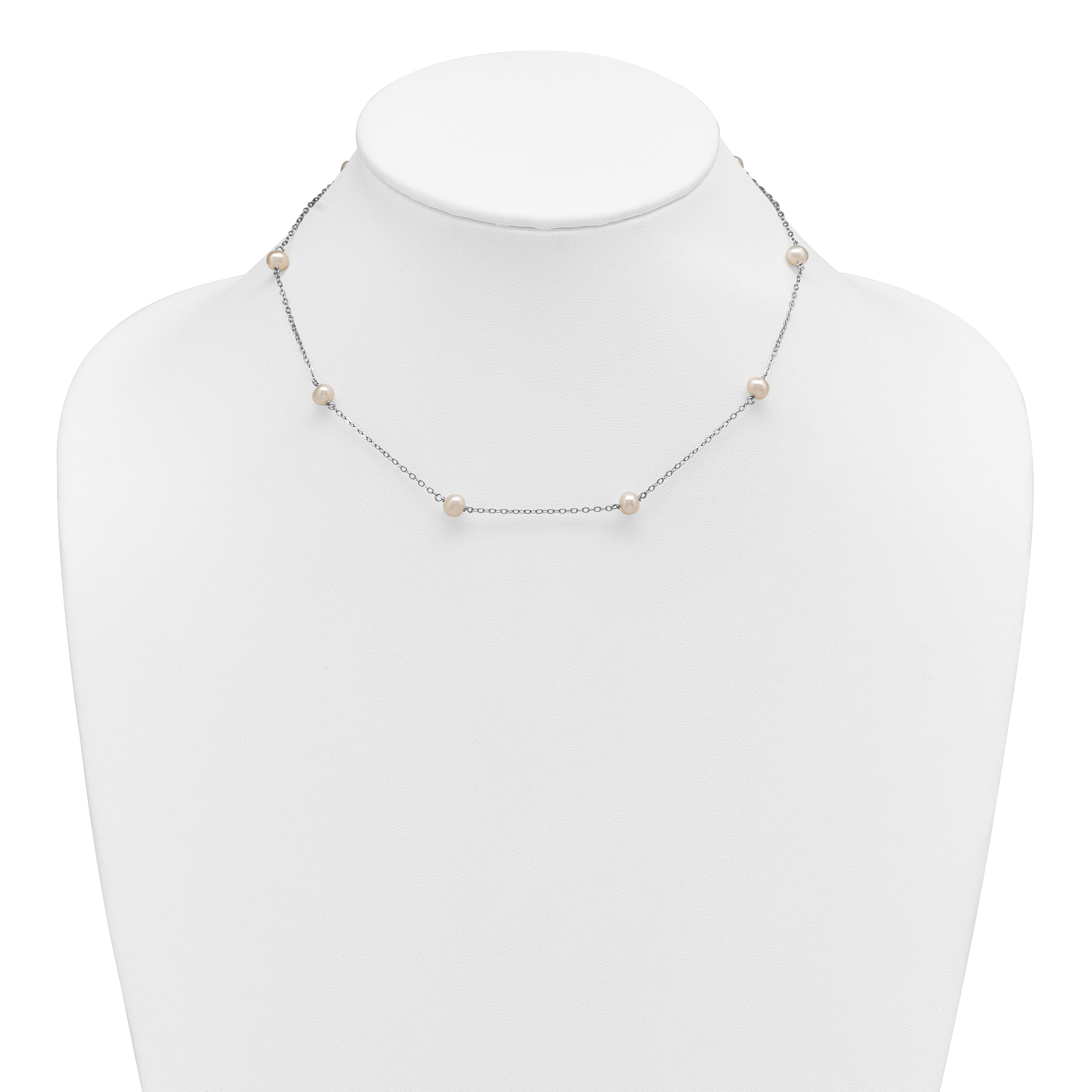 Sterling Silver Rhodium-plated 5-6mm White Near-Round Freshwater Cultured Pearl 8-Station 16 inch Necklace
