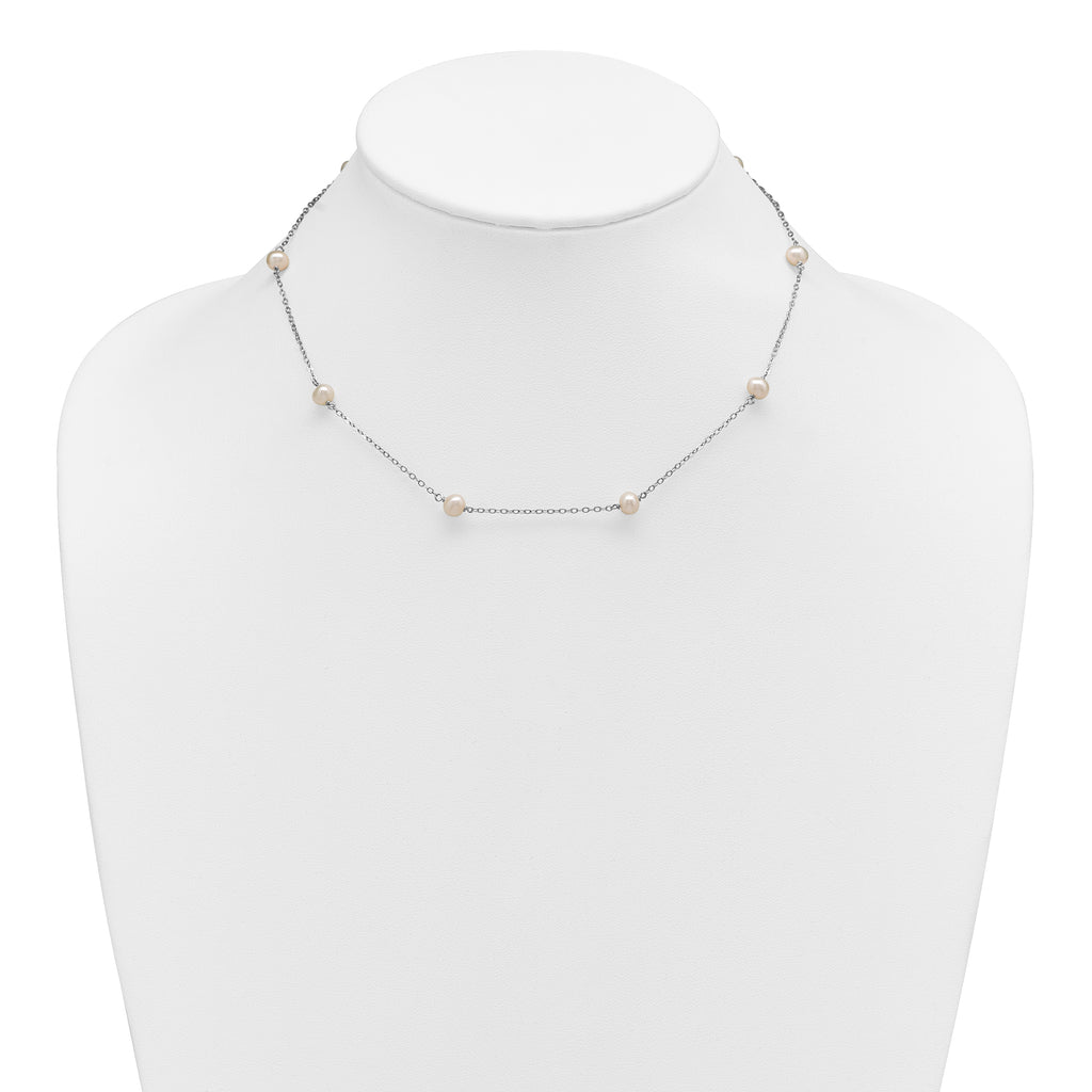 Sterling Silver Rhodium-plated 5-6mm White Near-Round Freshwater Cultured Pearl 8-Station 16 inch Necklace
