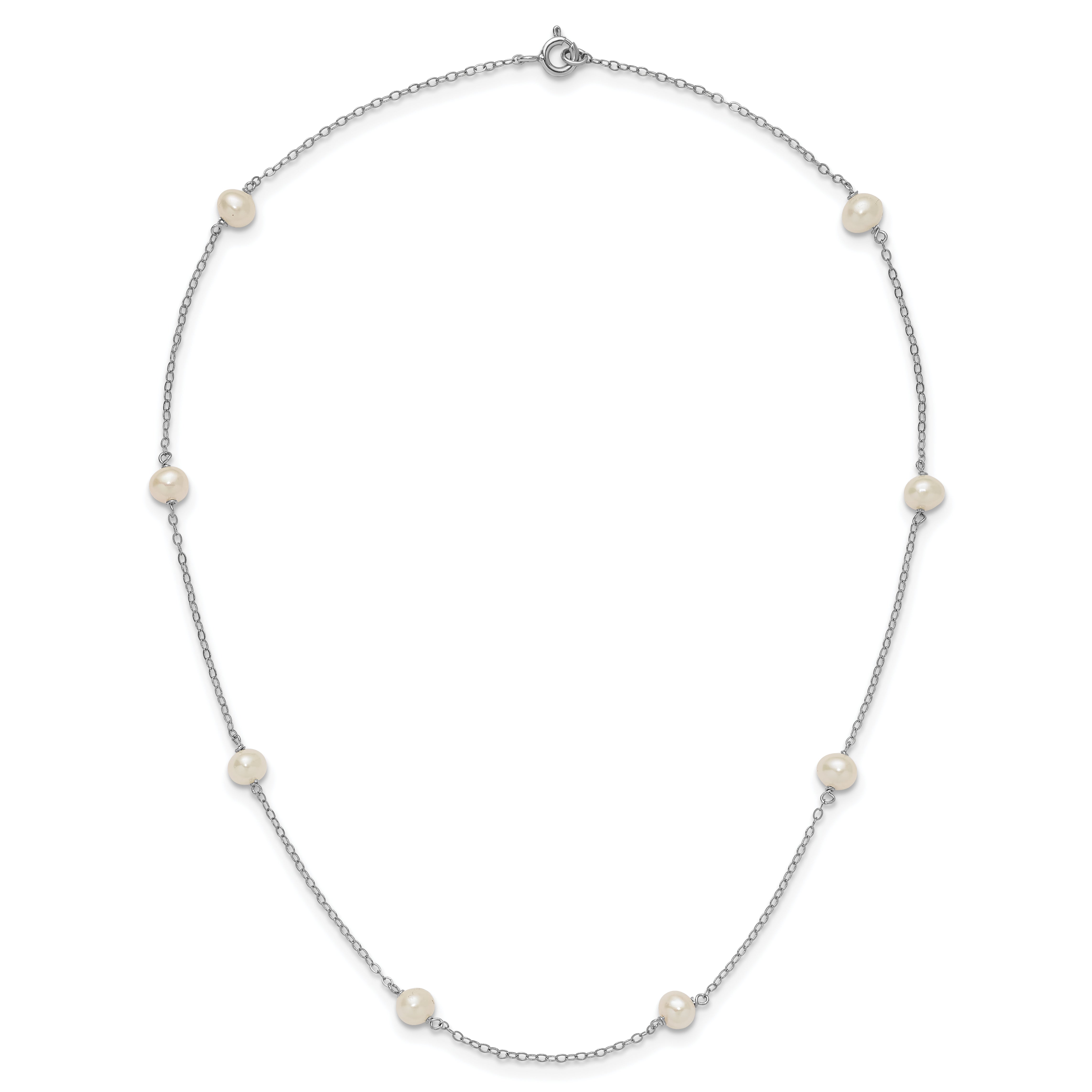 Sterling Silver Rhodium-plated 5-6mm White Near-Round Freshwater Cultured Pearl 8-Station 16 inch Necklace