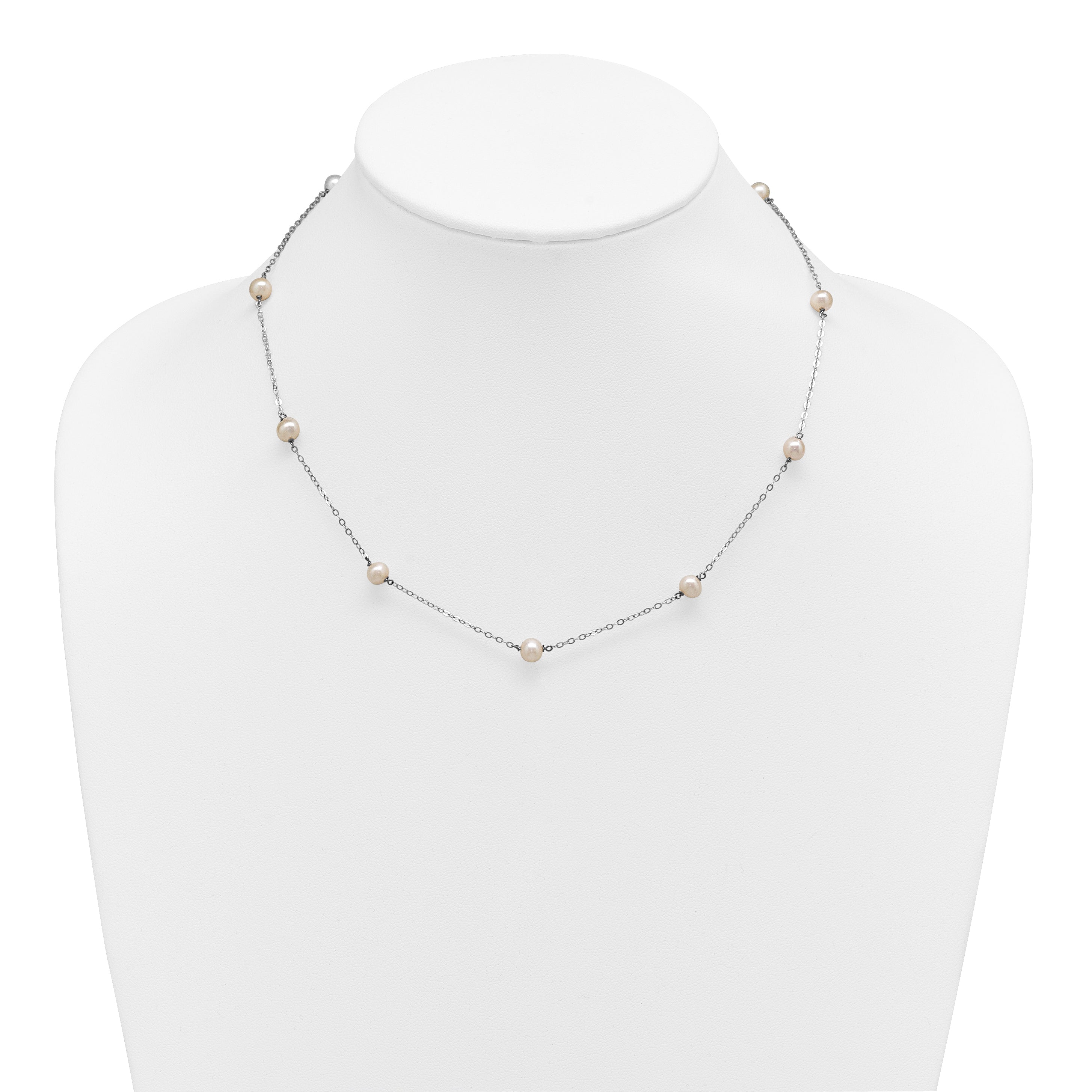 Sterling Silver Rhodium-plated 5-6mm White Near-Round Freshwater Cultured Pearl 9-Station 18 inch Necklace