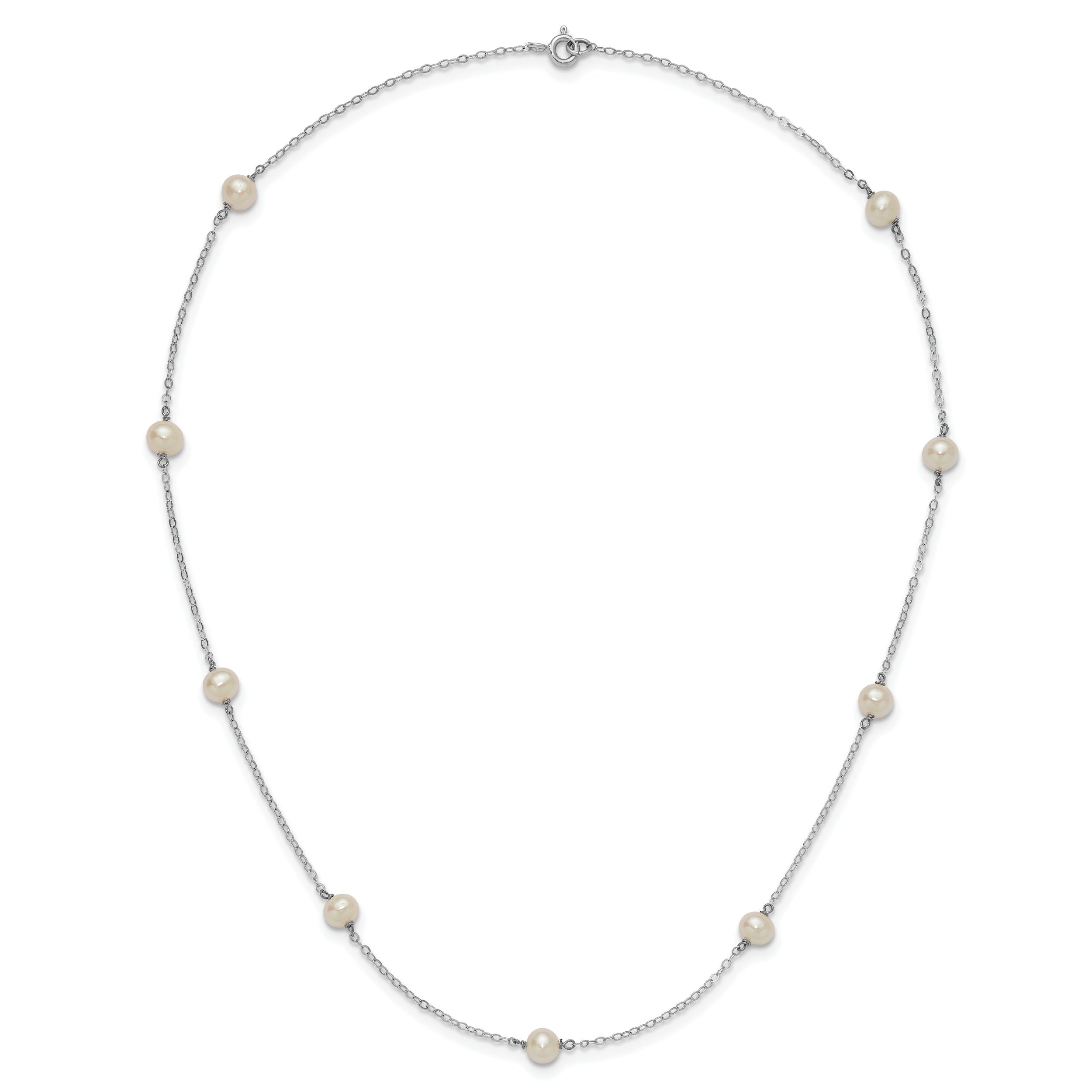 Sterling Silver Rhodium-plated 5-6mm White Near-Round Freshwater Cultured Pearl 9-Station 18 inch Necklace