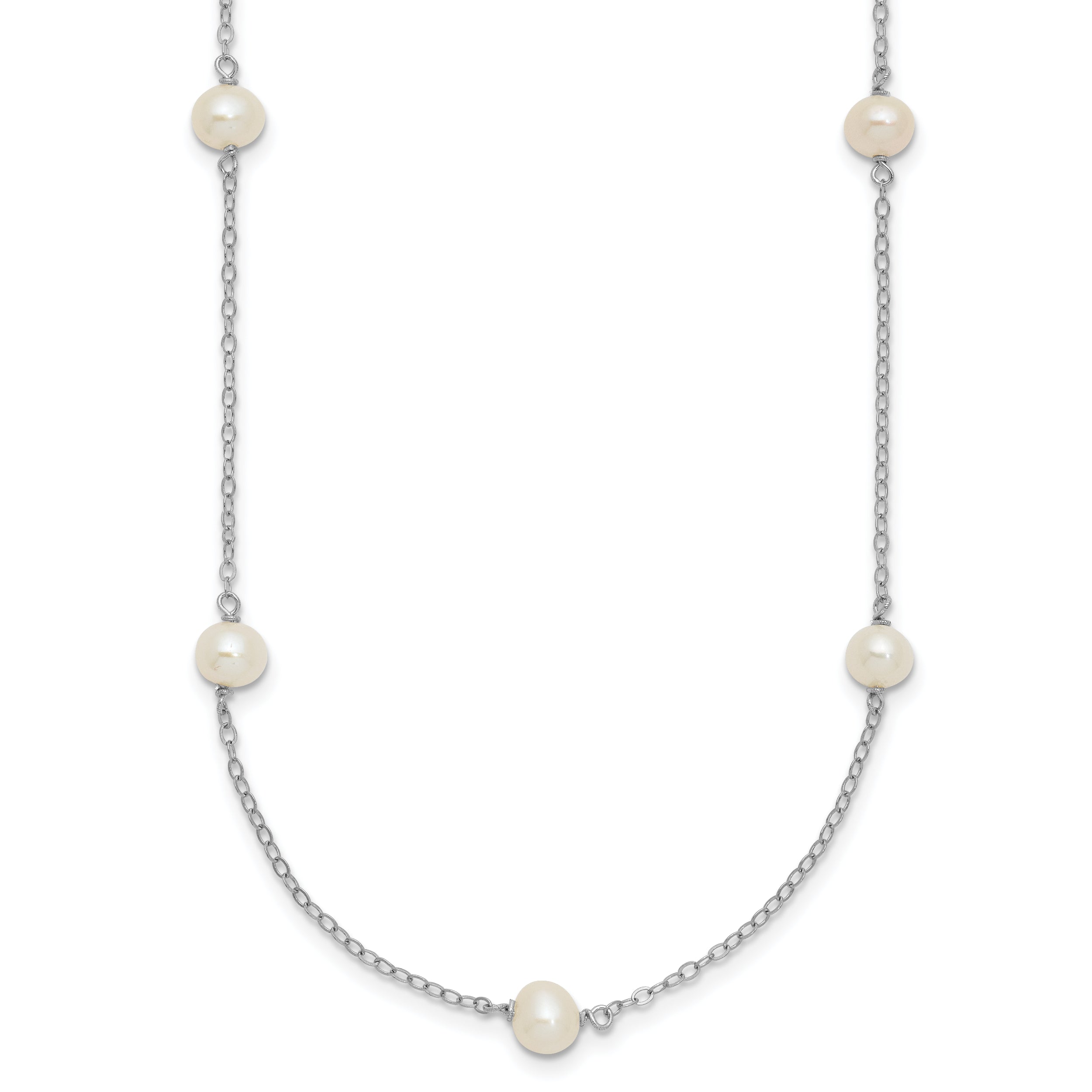 Sterling Silver Rhodium-plated White Near Round Freshwater Cultured Pearl 8-station 20 inch Necklace