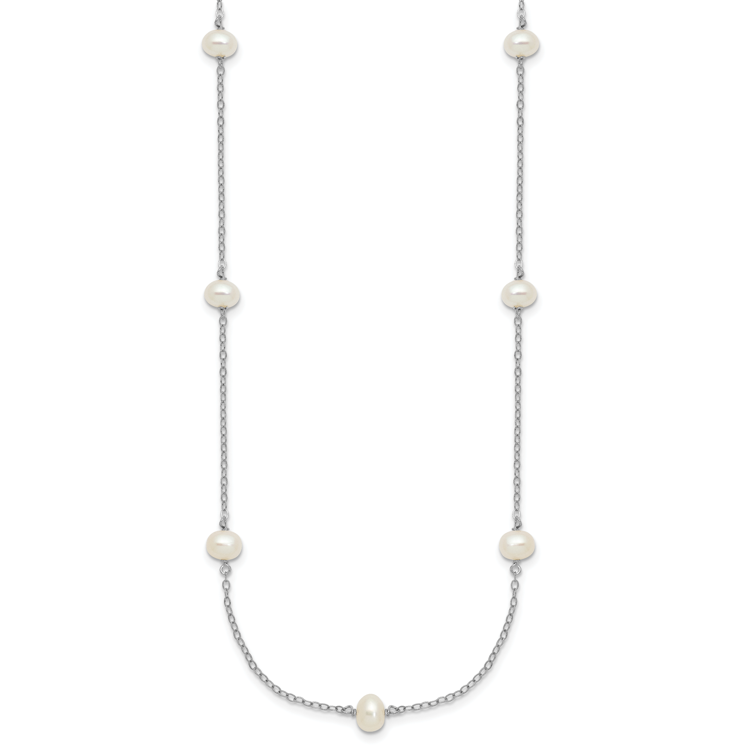 Sterling Silver Rhodium-plated 4-5mm White Near Round Freshwater Cultured Pearl 9-station 16 inch Necklace Secondary image