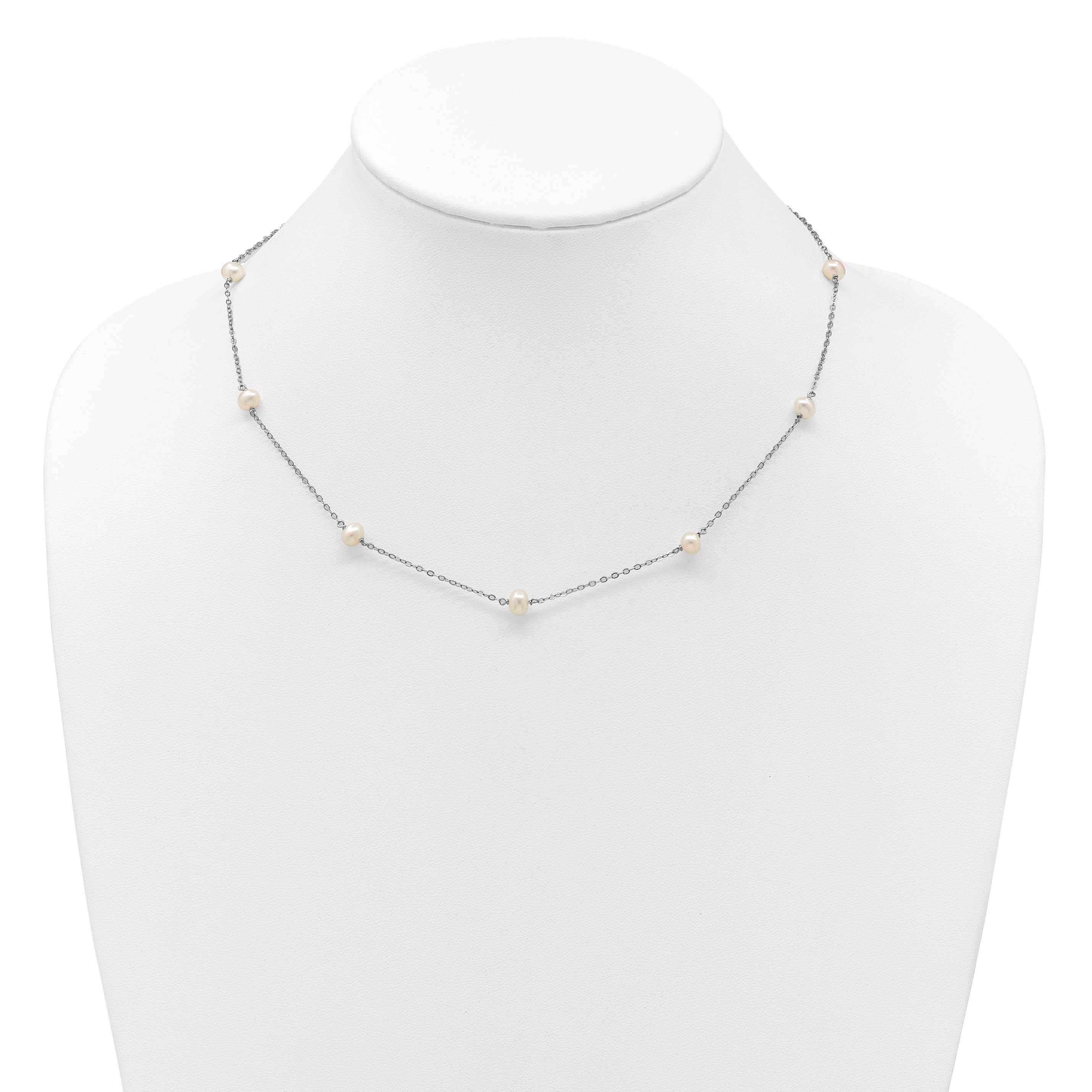 Sterling Silver Rhodium-plated 4-5mm White Near Round Freshwater Cultured Pearl 9-station 20 inch  Necklace