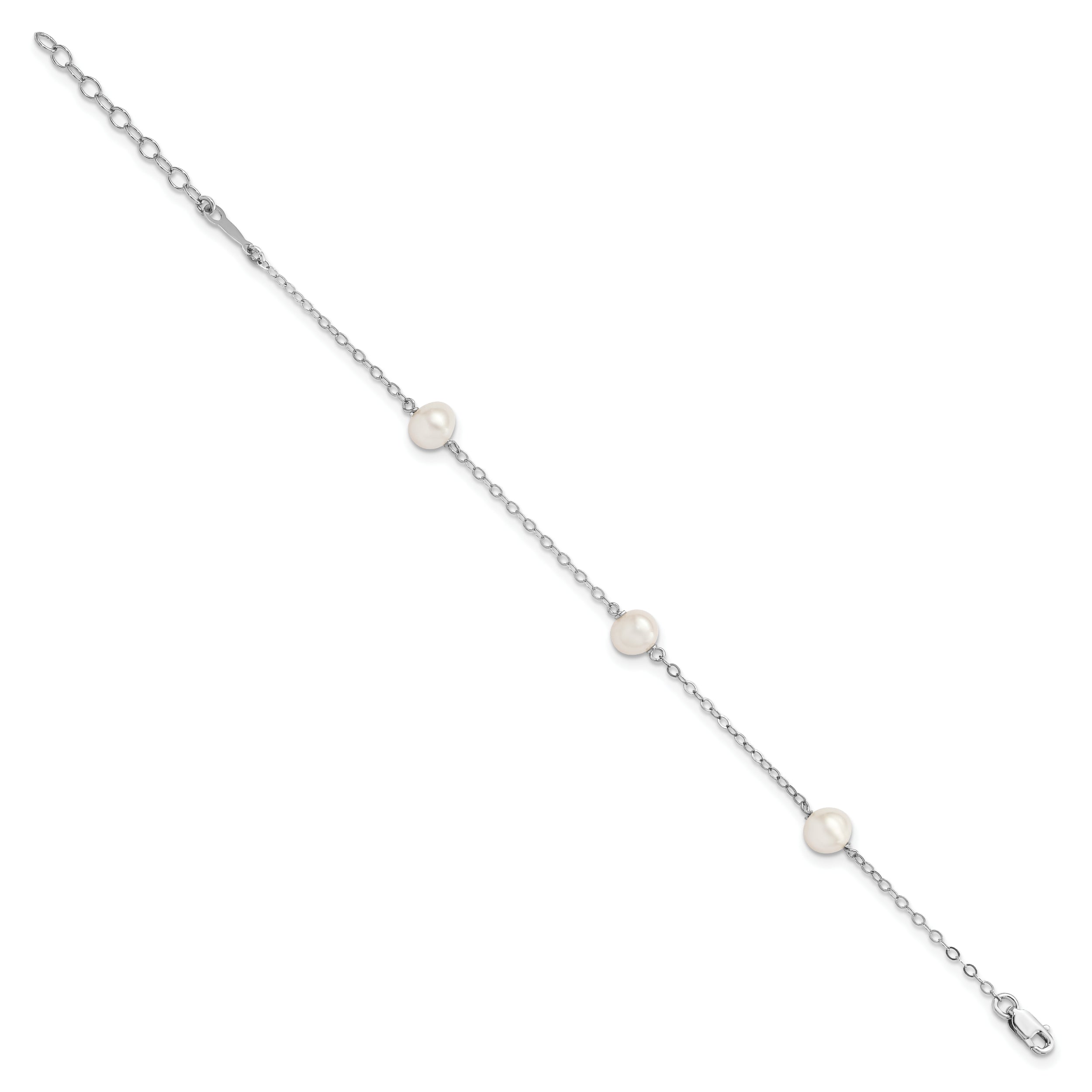 Sterling Silver Rhodium-plated 5-6mm White Freshwater Cultured Pearl 3-Stations 7.5 inch Bracelet