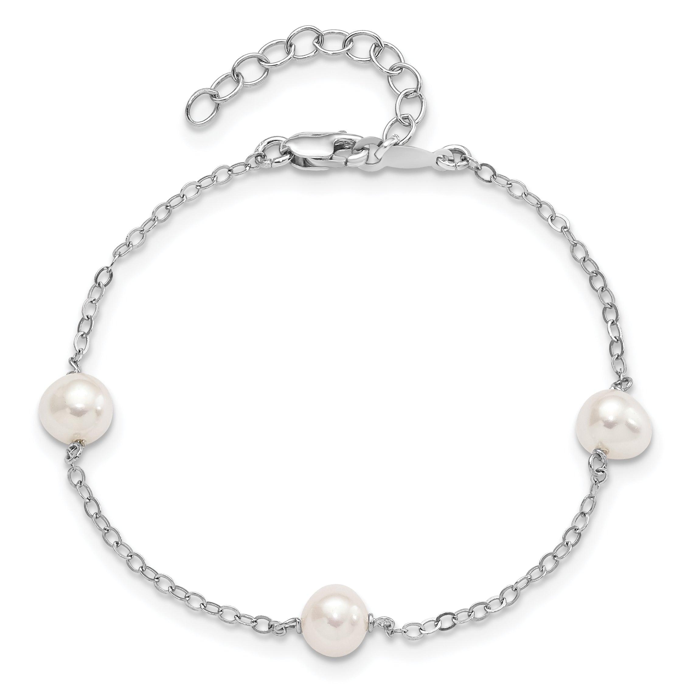 Sterling Silver Rhodium-plated 5-6mm White Freshwater Cultured Pearl 3-Stations 7.5 inch Bracelet