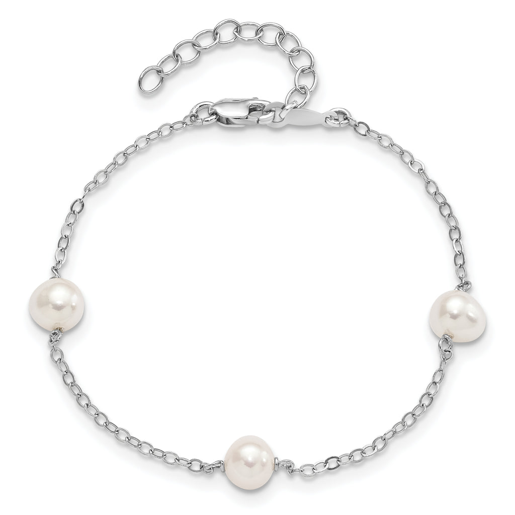 Sterling Silver Rhodium-plated 5-6mm White Freshwater Cultured Pearl 3-Stations 7.5 inch Bracelet
