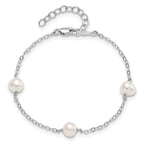 Sterling Silver Rhodium-plated 5-6mm White Freshwater Cultured Pearl 3-Stations 7.5 inch Bracelet