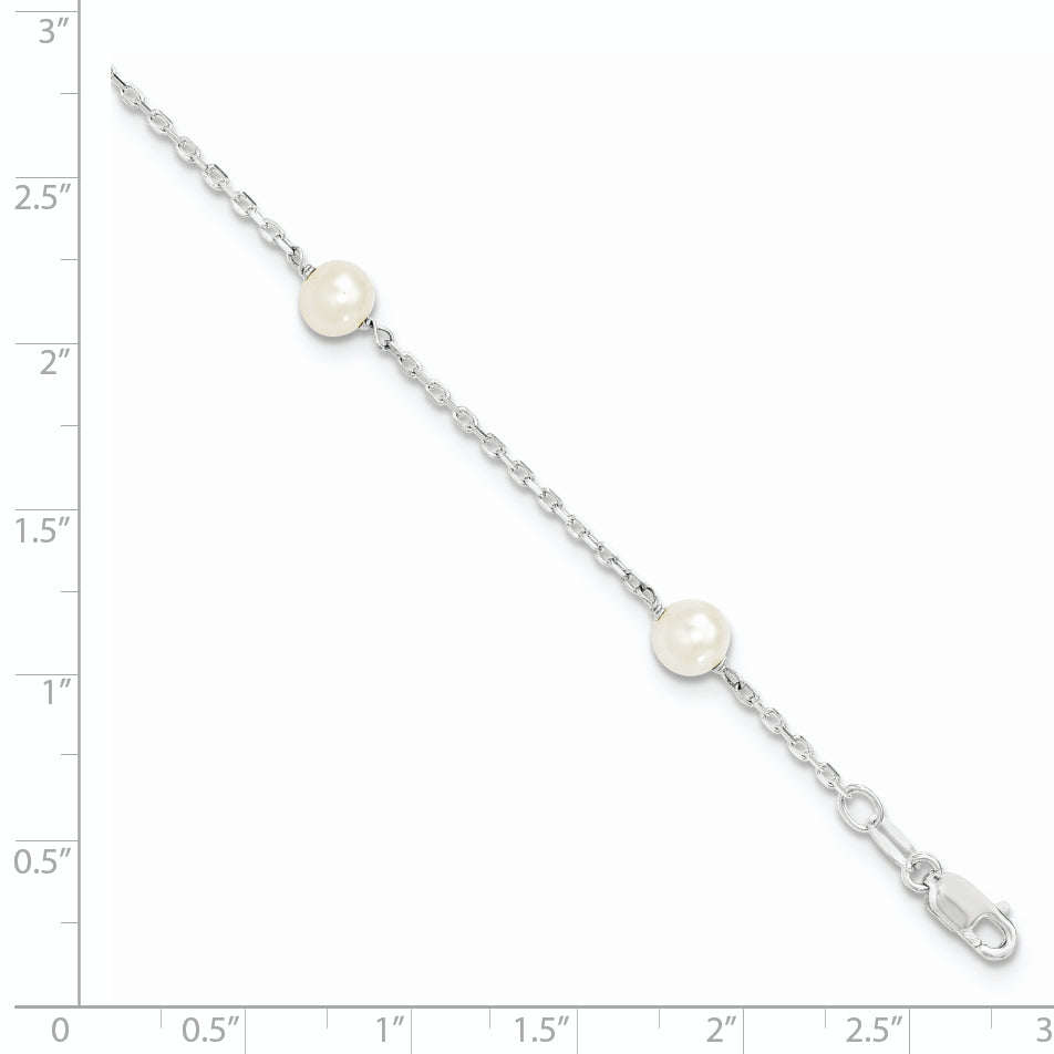 Sterling Silver Rhodium-plated 5-6mm White Freshwater Cultured Pearl 3-Stations 7.5 inch Bracelet