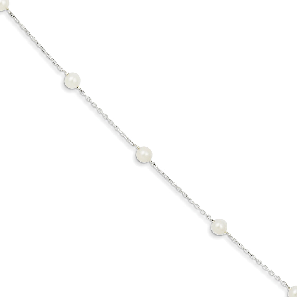 Sterling Silver Rhodium-plated 5-6mm White Freshwater Cultured Pearl 3-Stations 7.5 inch Bracelet