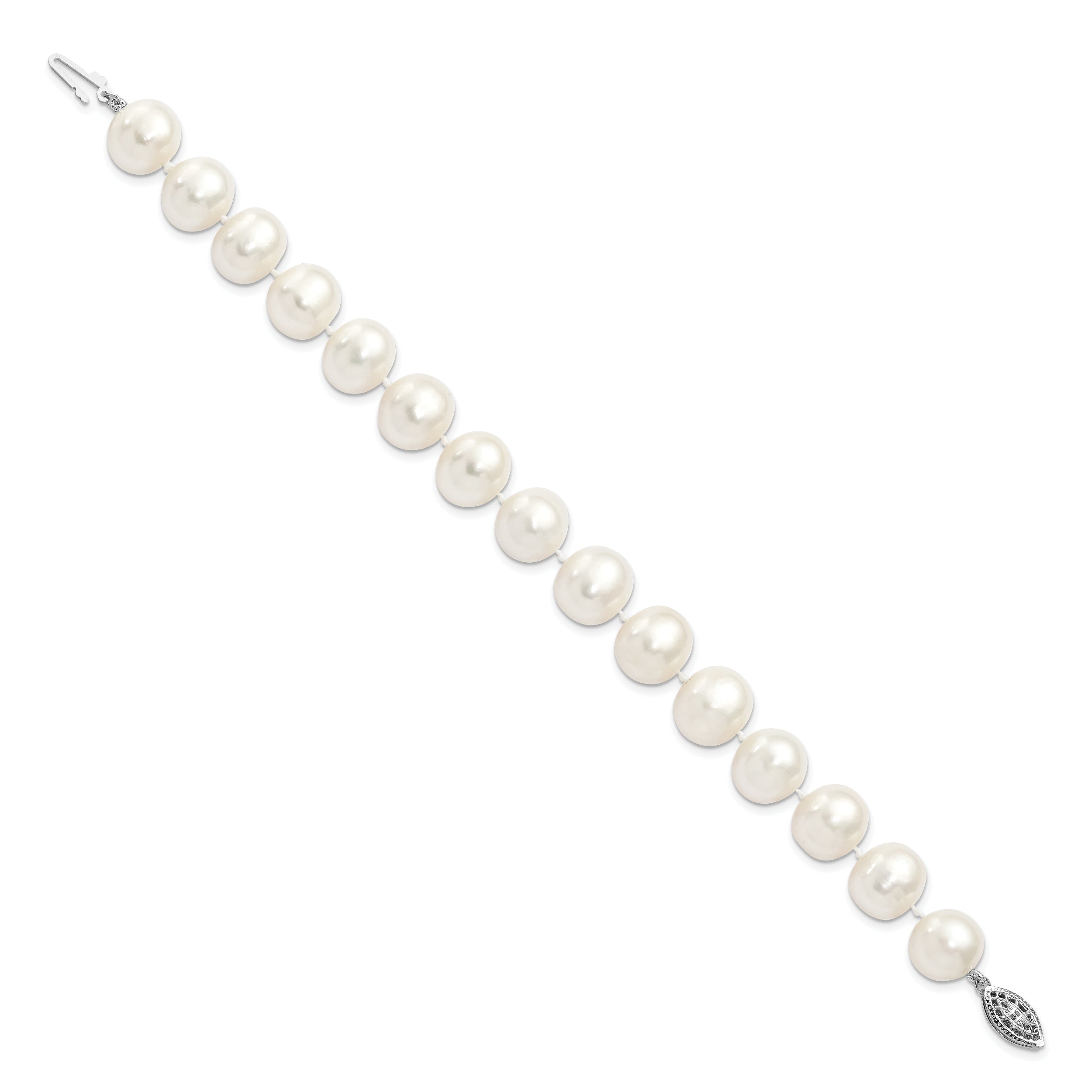 Sterling Silver Rhodium-plated 11-12mm White Near-Round Freshwater Cultured Pearl 7.25 inch Bracelet