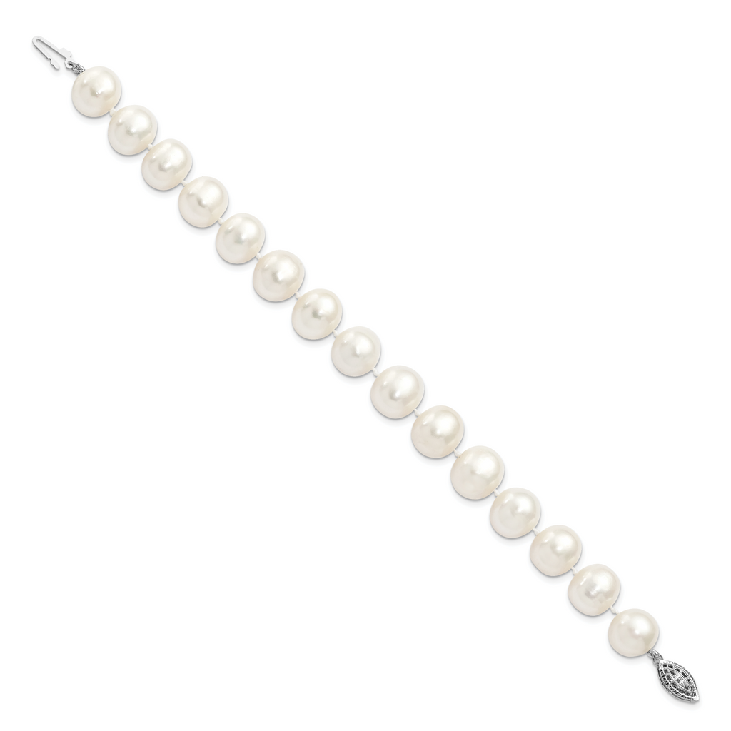 Sterling Silver Rhodium-plated 11-12mm White Near-Round Freshwater Cultured Pearl 7.25 inch Bracelet