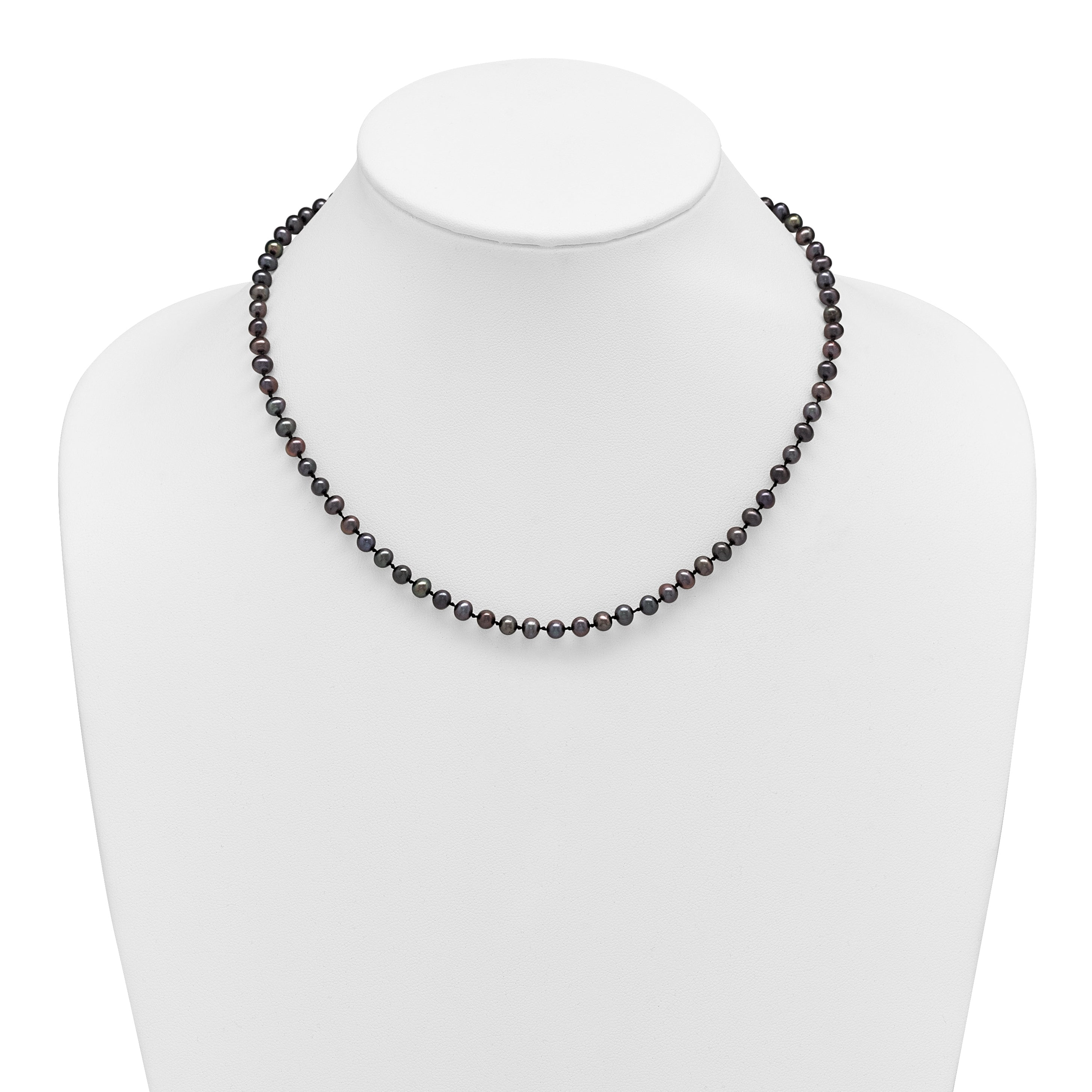 Sterling Silver Rhodium-plated 4-5mm Black Near-Round Freshwater Cultured Pearl 16 inch Necklace
