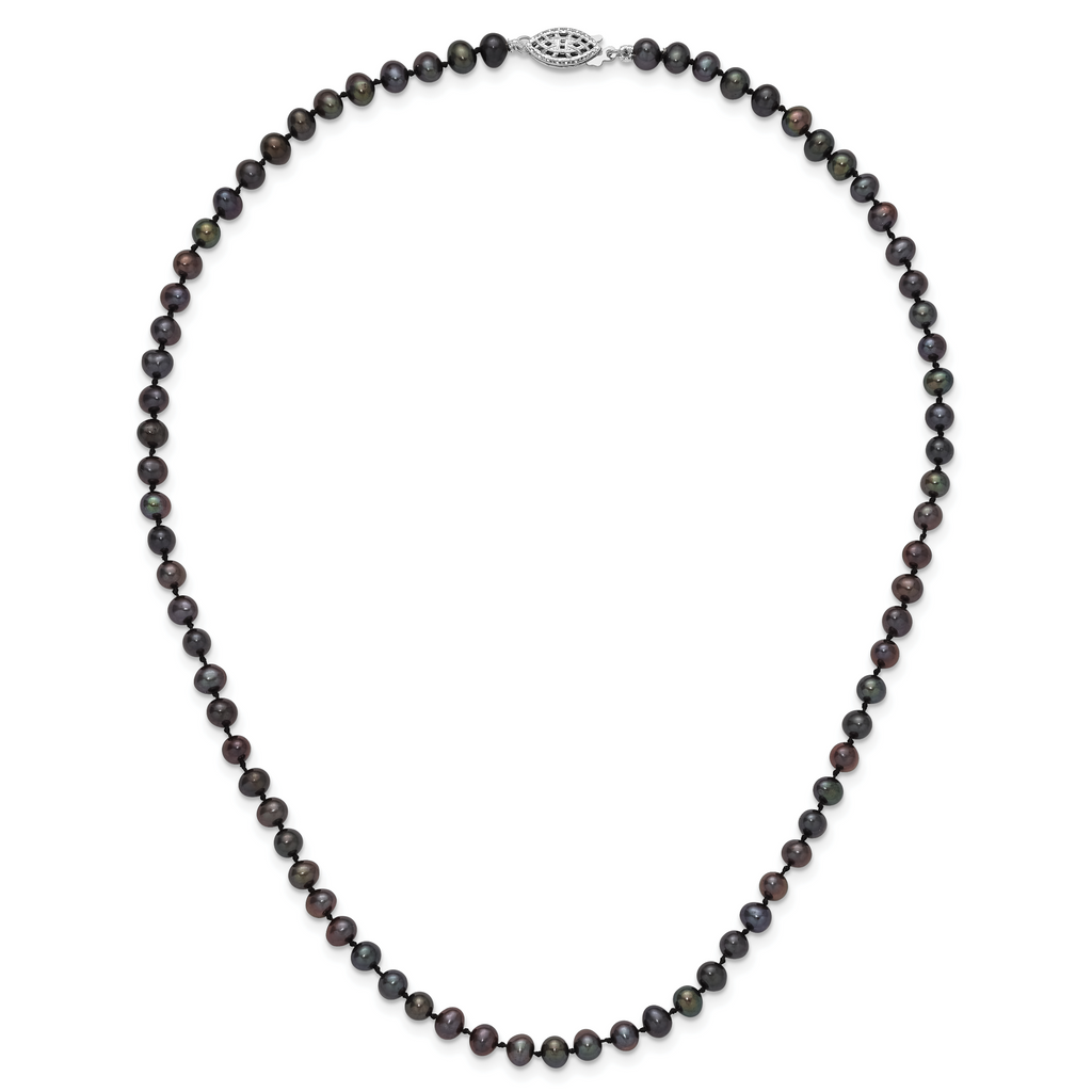 Sterling Silver Rhodium-plated 4-5mm Black Near-Round Freshwater Cultured Pearl Necklace