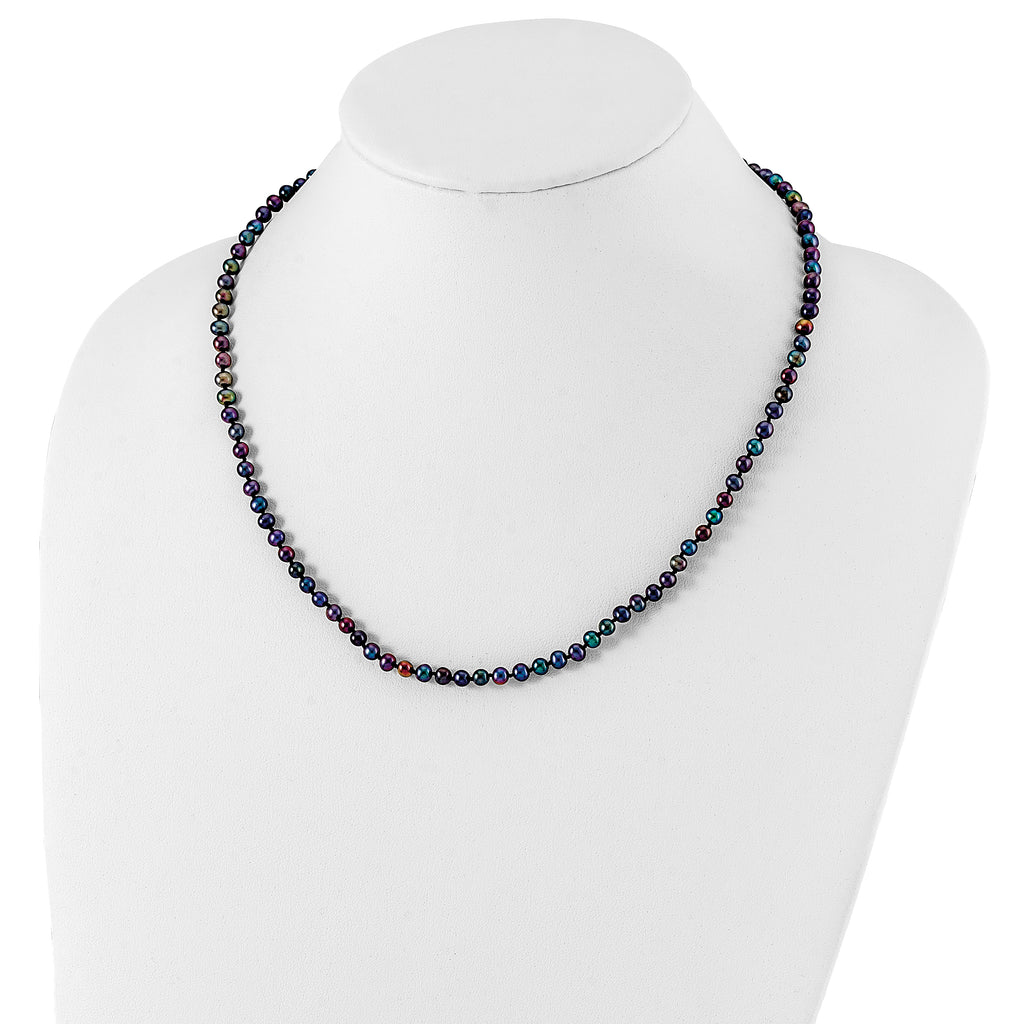 Sterling Silver Rhodium-plated 4-5mm Black Near-Round Freshwater Cultured Pearl 24 inch Necklace