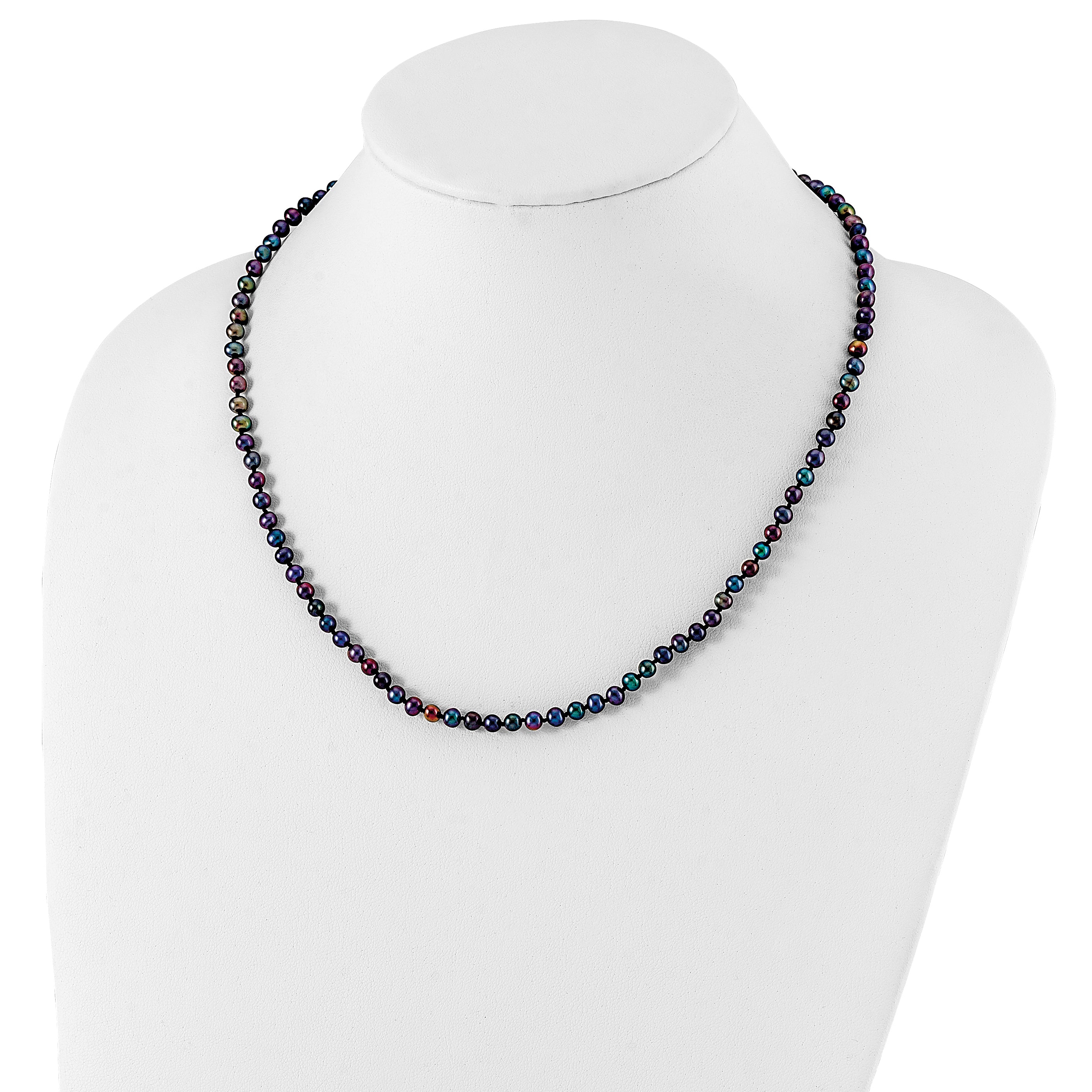 Sterling Silver Rhodium-plated 4-5mm Black Near-Round Freshwater Cultured Pearl 24 inch Necklace