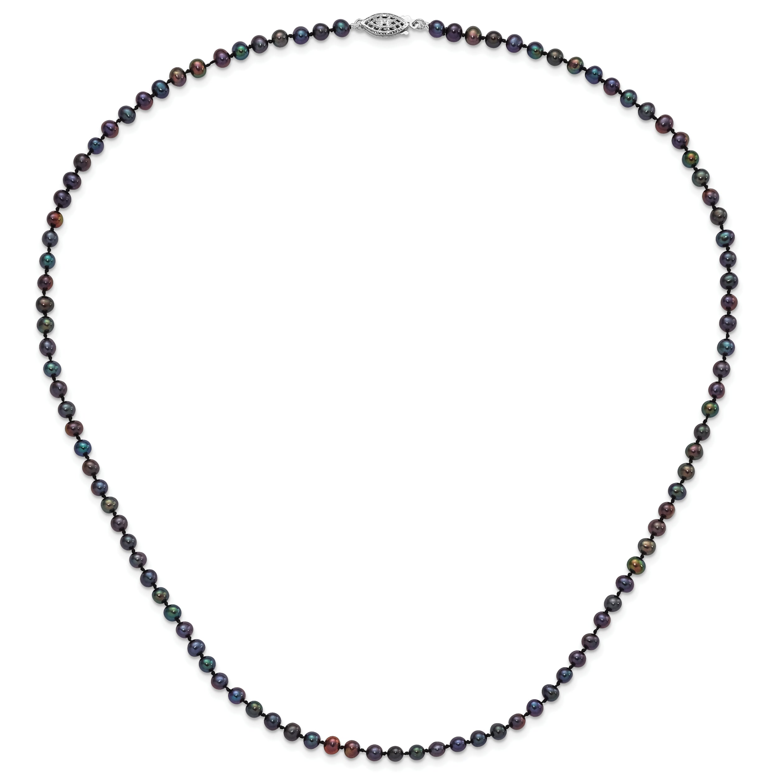 Sterling Silver Rhodium-plated 4-5mm Black Near-Round Freshwater Cultured Pearl 24 inch Necklace