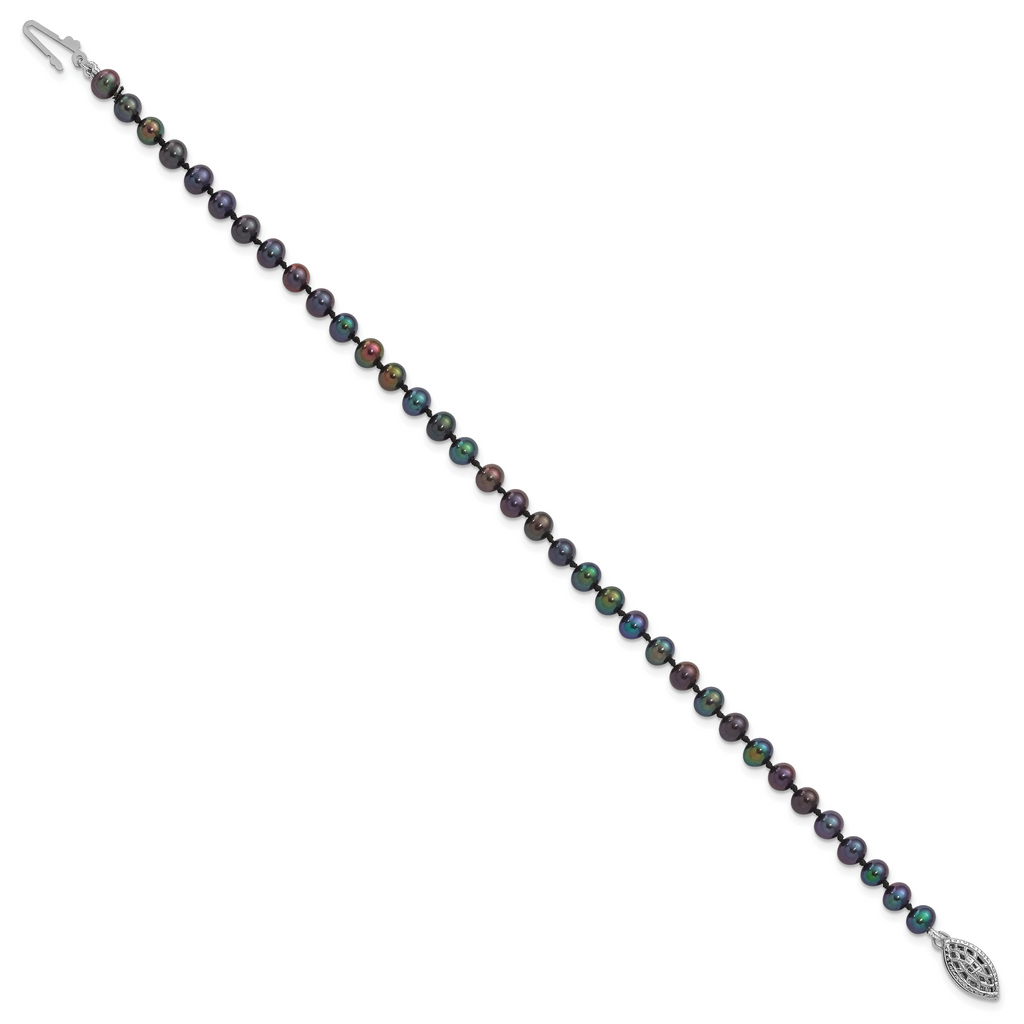 Sterling Silver Rhodium-plated 4-5mm Black Near-Round Freshwater Cultured Pearl Necklace