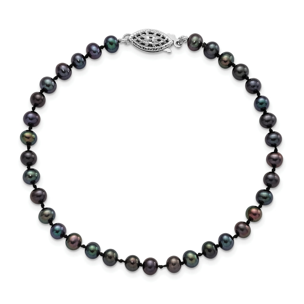 Sterling Silver Rhodium-plated 4-5mm Black Near-Round Freshwater Cultured Pearl Necklace