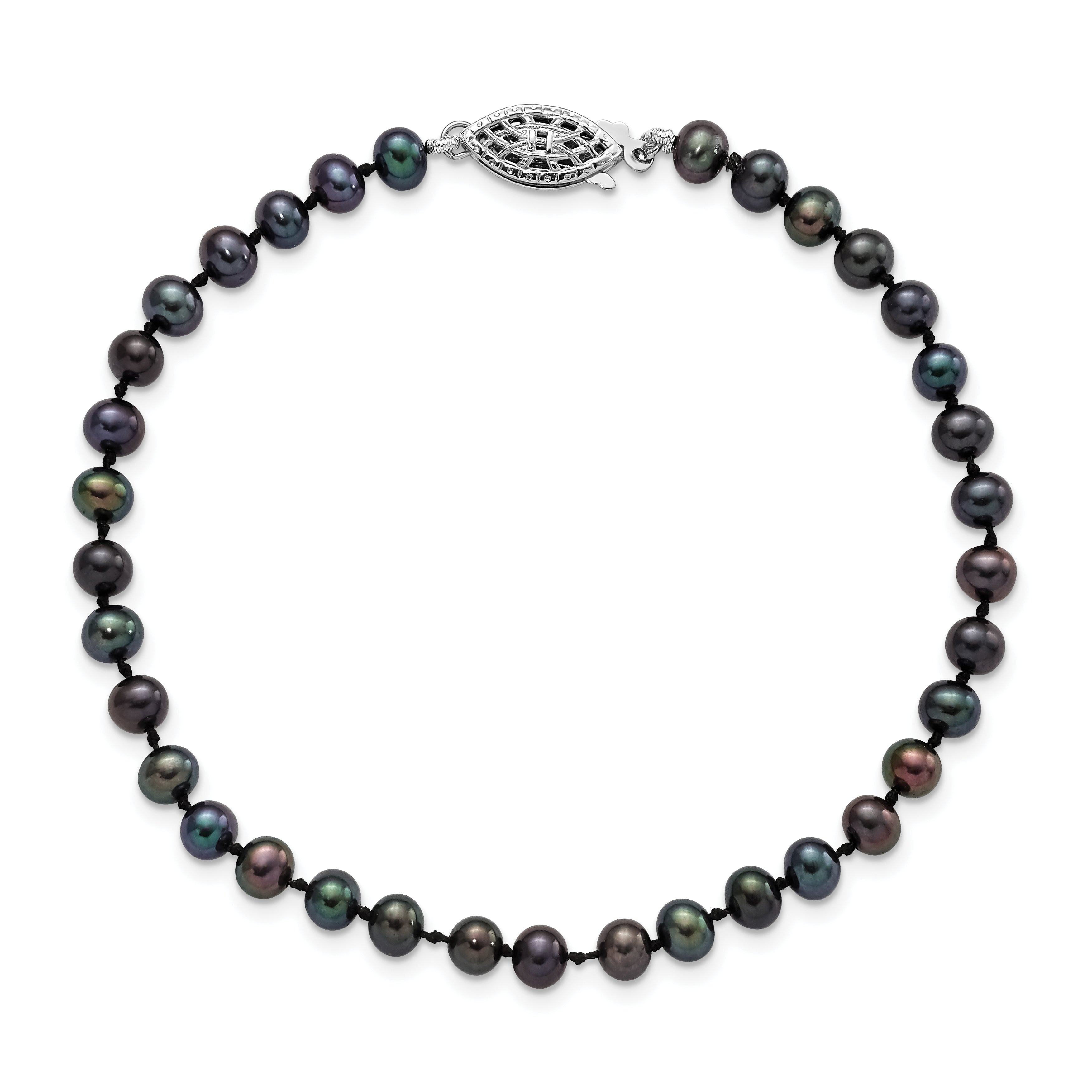 Sterling Silver Rhodium-plated 4-5mm Black Near-Round Freshwater Cultured Pearl Necklace