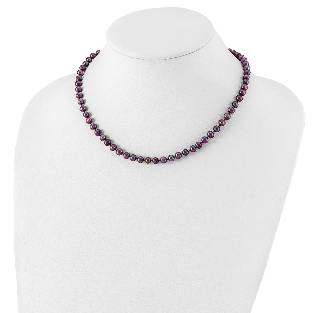 Sterling Silver Rhodium-plated 5-6mm Black Near-Round Freshwater Cultured Pearl Necklace