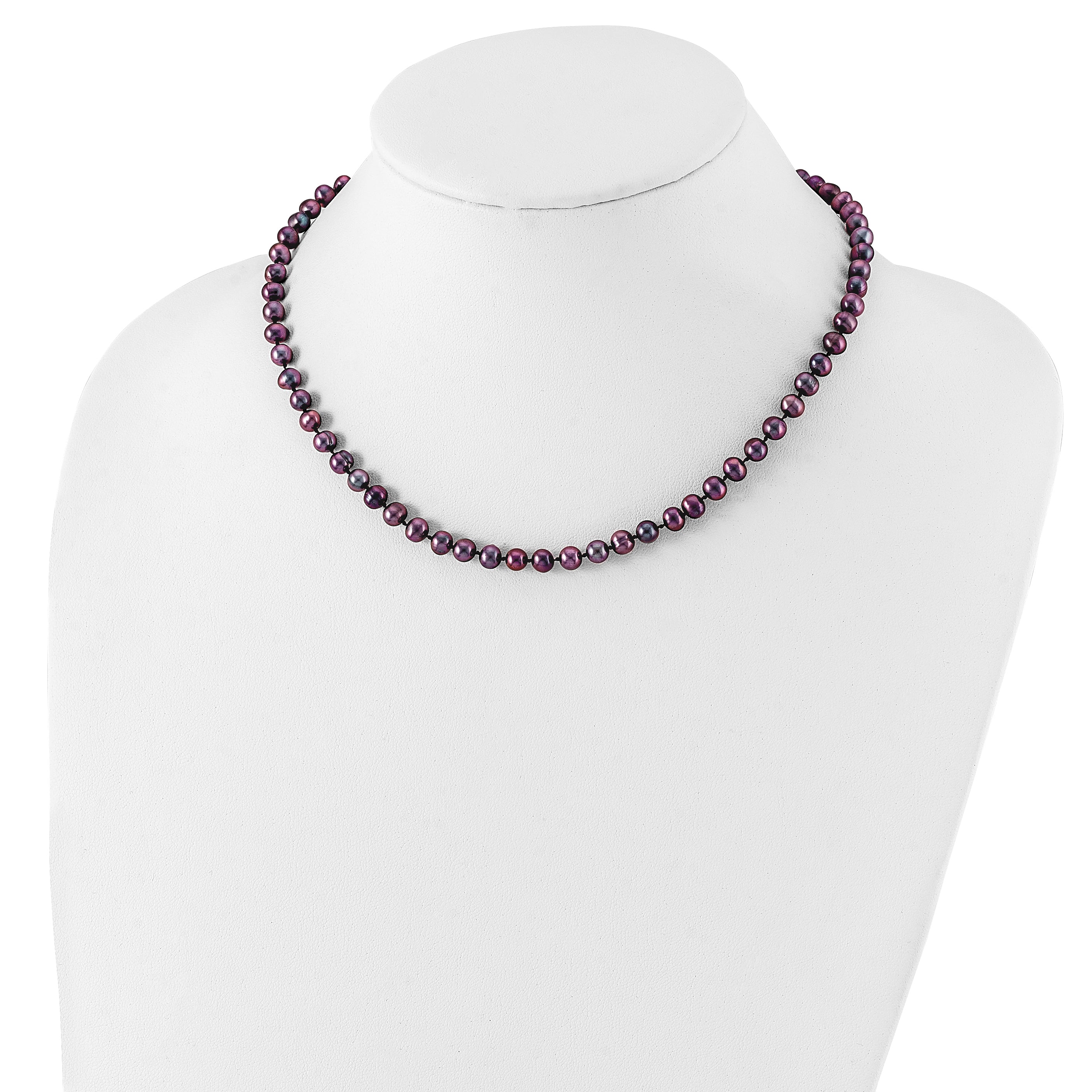 Sterling Silver Rhodium-plated 5-6mm Black Near-Round Freshwater Cultured Pearl Necklace