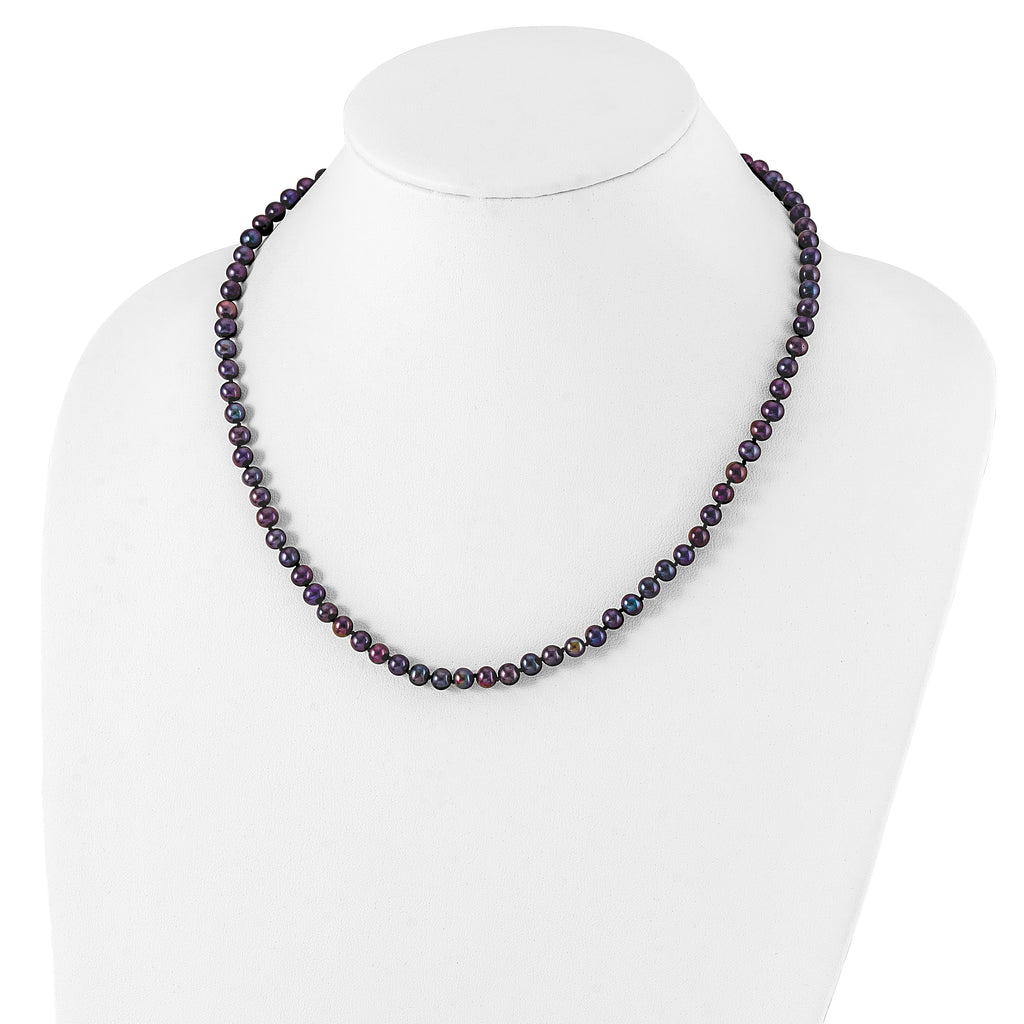 Sterling Silver Rhodium-plated 5-6mm Black Near-Round Freshwater Cultured Pearl 24 inch Necklace
