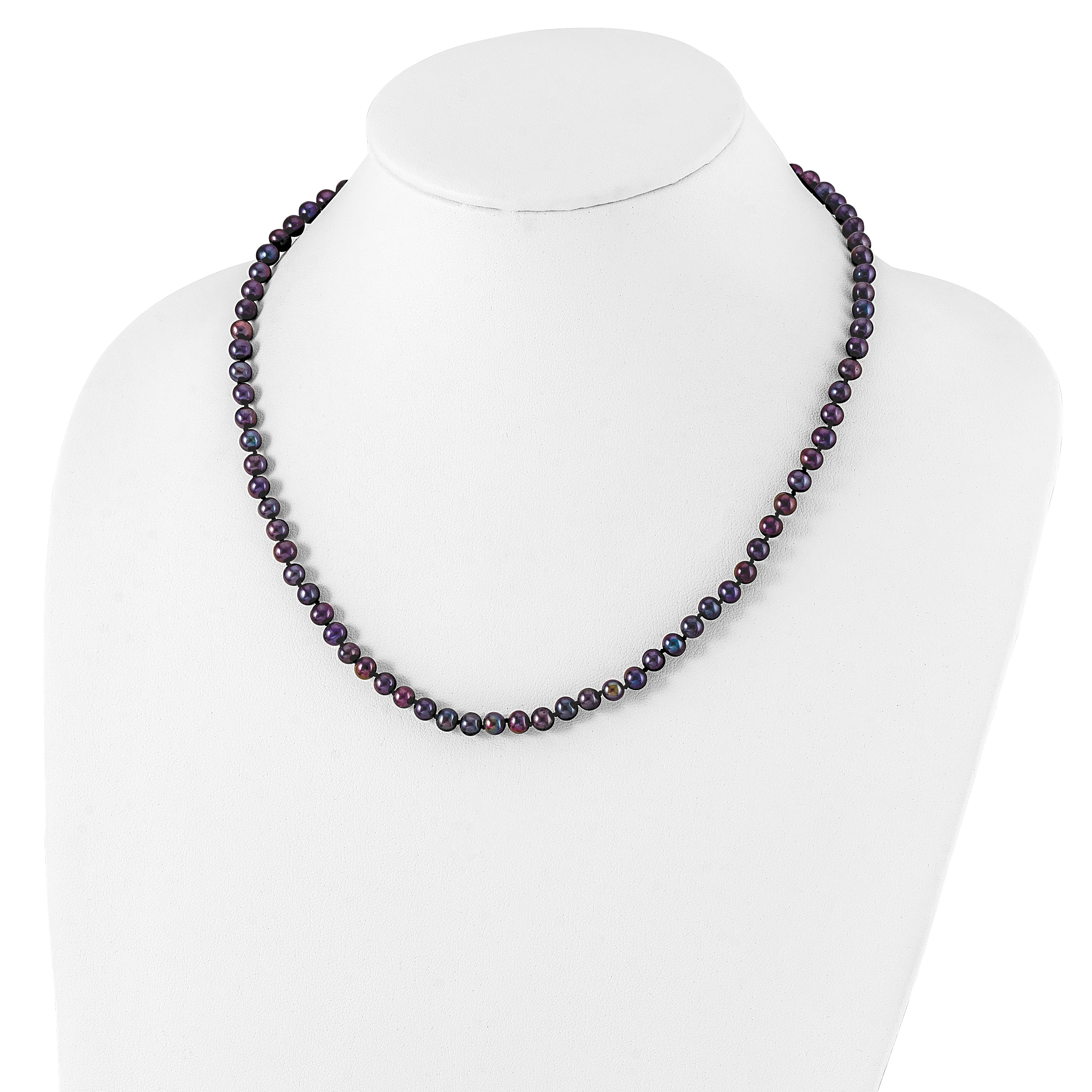 Sterling Silver Rhodium-plated 5-6mm Black Near-Round Freshwater Cultured Pearl 24 inch Necklace
