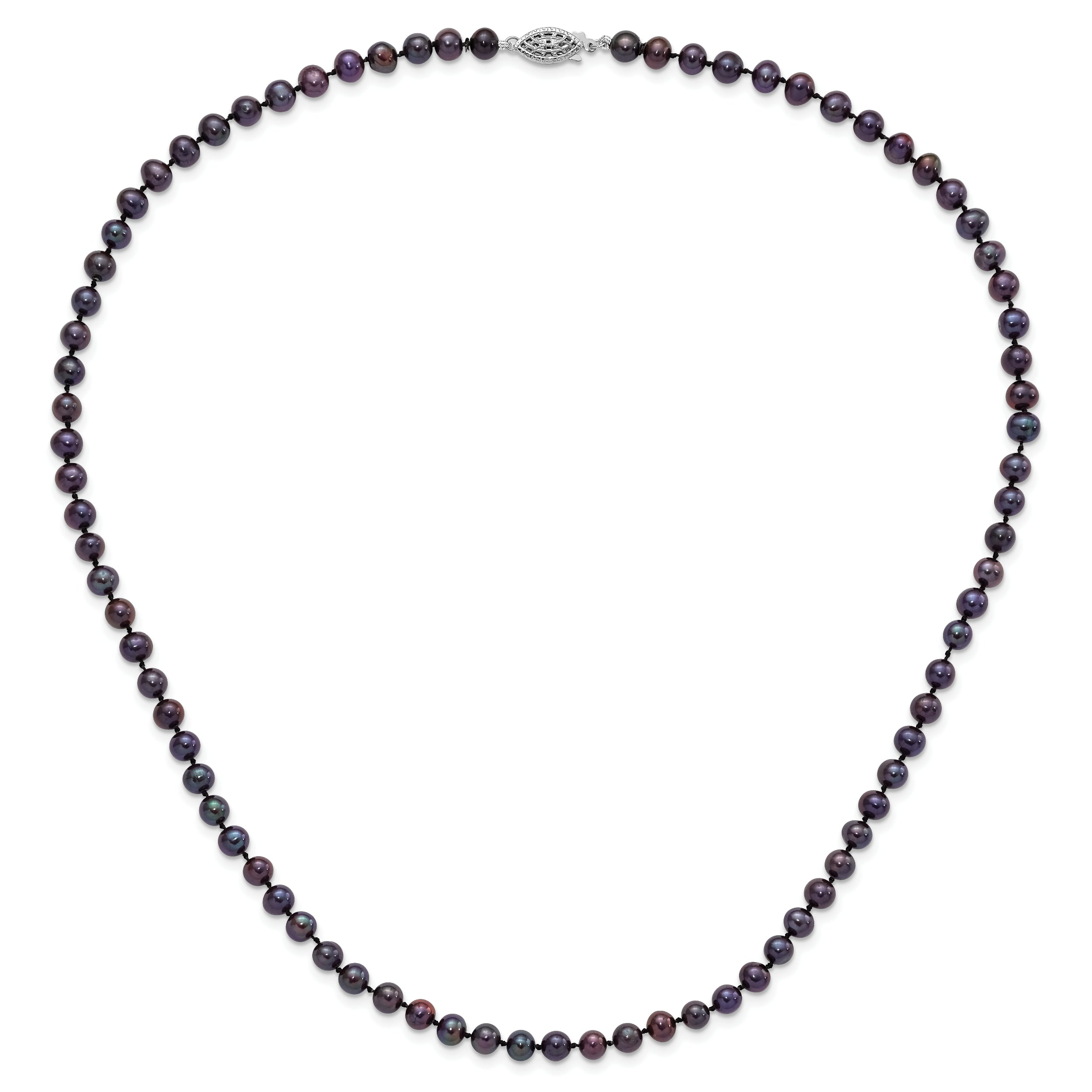 Sterling Silver Rhodium-plated 5-6mm Black Near-Round Freshwater Cultured Pearl 24 inch Necklace