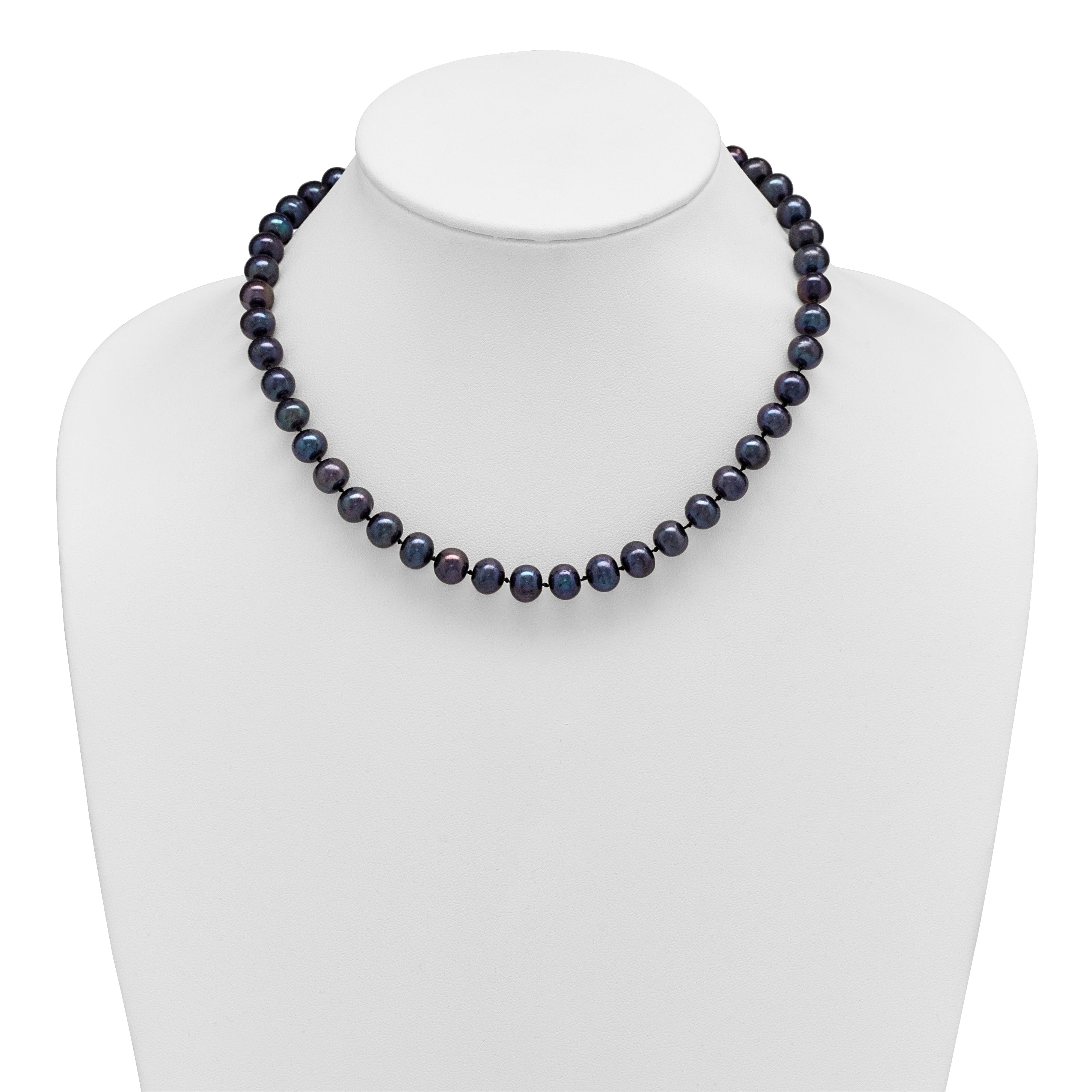 Sterling Silver Rhodium-plated 8-9mm Black Near-Round Freshwater Cultured Pearl 16 inch Necklace