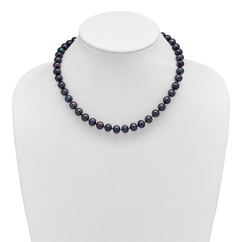 Sterling Silver Rhodium-plated 8-9mm Black Near-Round Freshwater Cultured Pearl Necklace