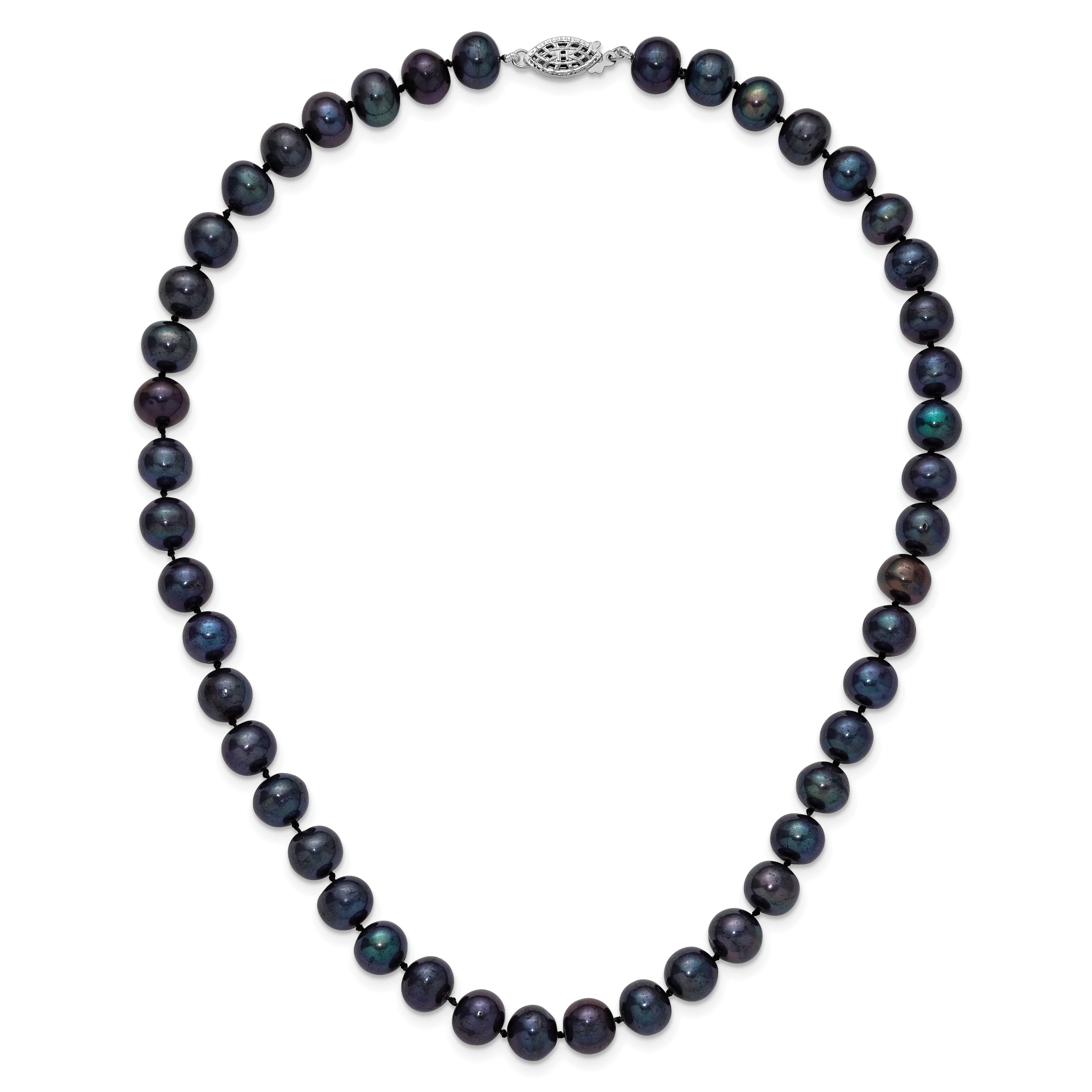 Sterling Silver Rhodium-plated 8-9mm Black Near-Round Freshwater Cultured Pearl 16 inch Necklace