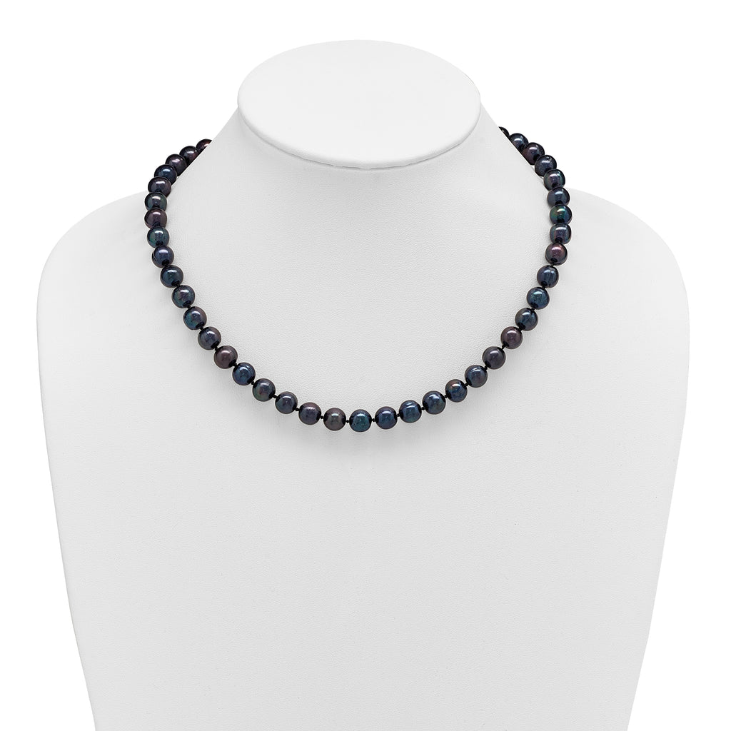 Sterling Silver Rhodium-plated 8-9mm Black Near-Round Freshwater Cultured Pearl Necklace