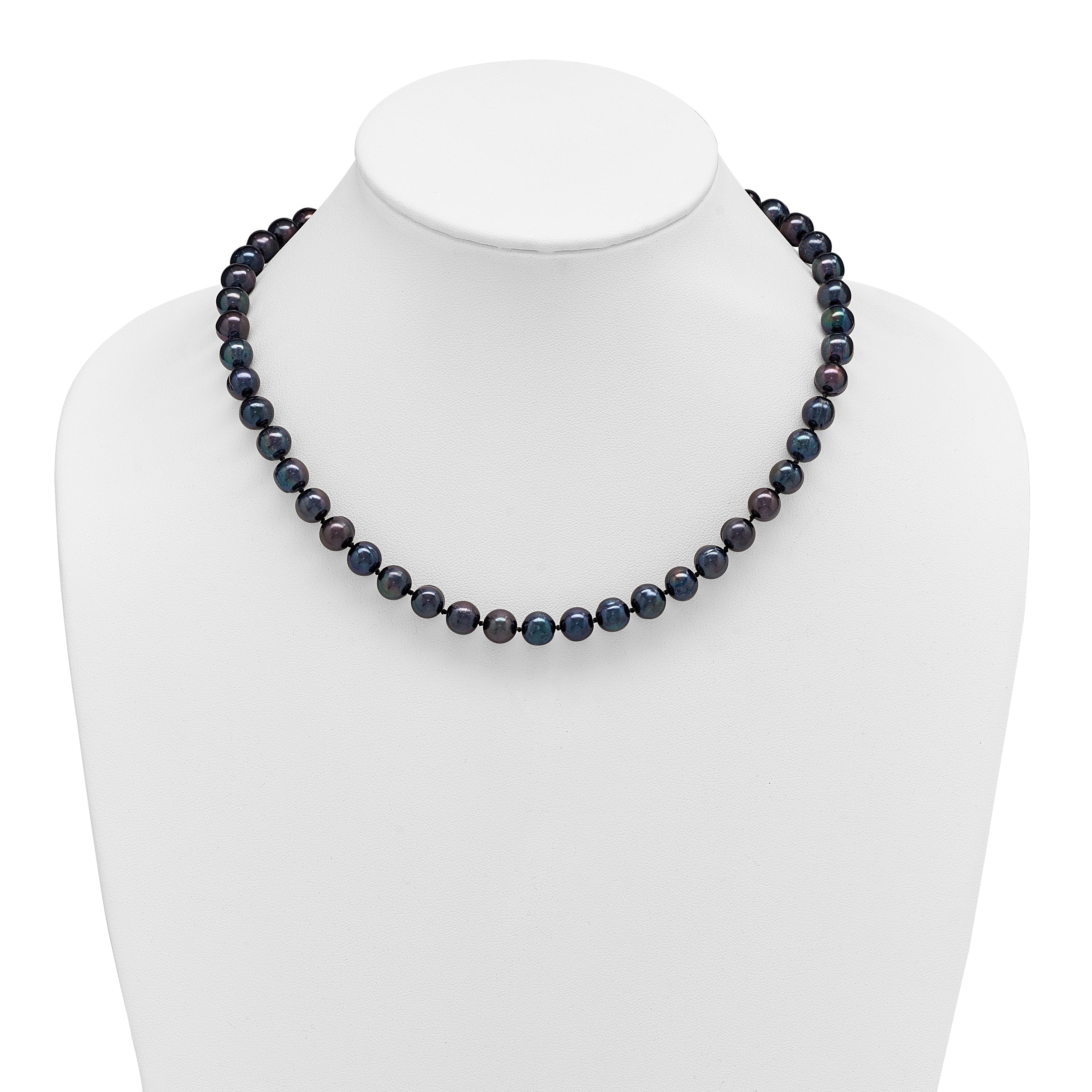 Sterling Silver Rhodium-plated 8-9mm Black Near-Round Freshwater Cultured Pearl Necklace