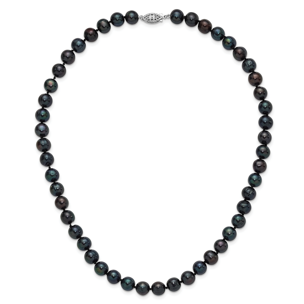 Sterling Silver Rhodium-plated 8-9mm Black Near-Round Freshwater Cultured Pearl Necklace