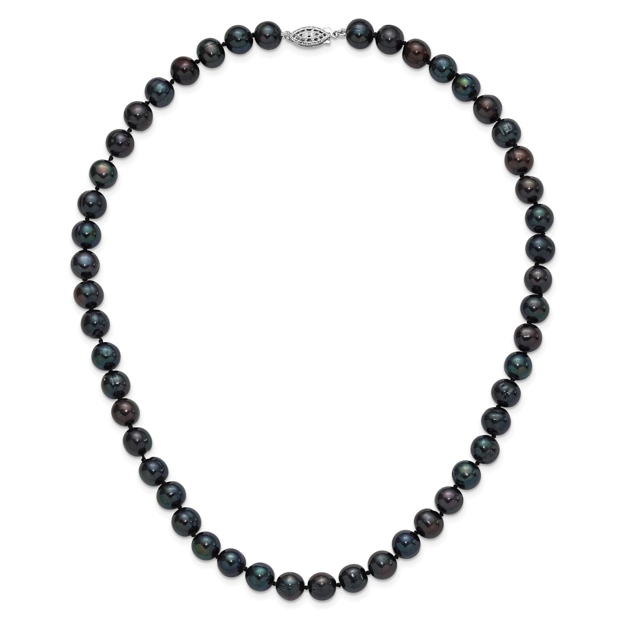 Sterling Silver Rhodium-plated 8-9mm Black Near-Round Freshwater Cultured Pearl Necklace