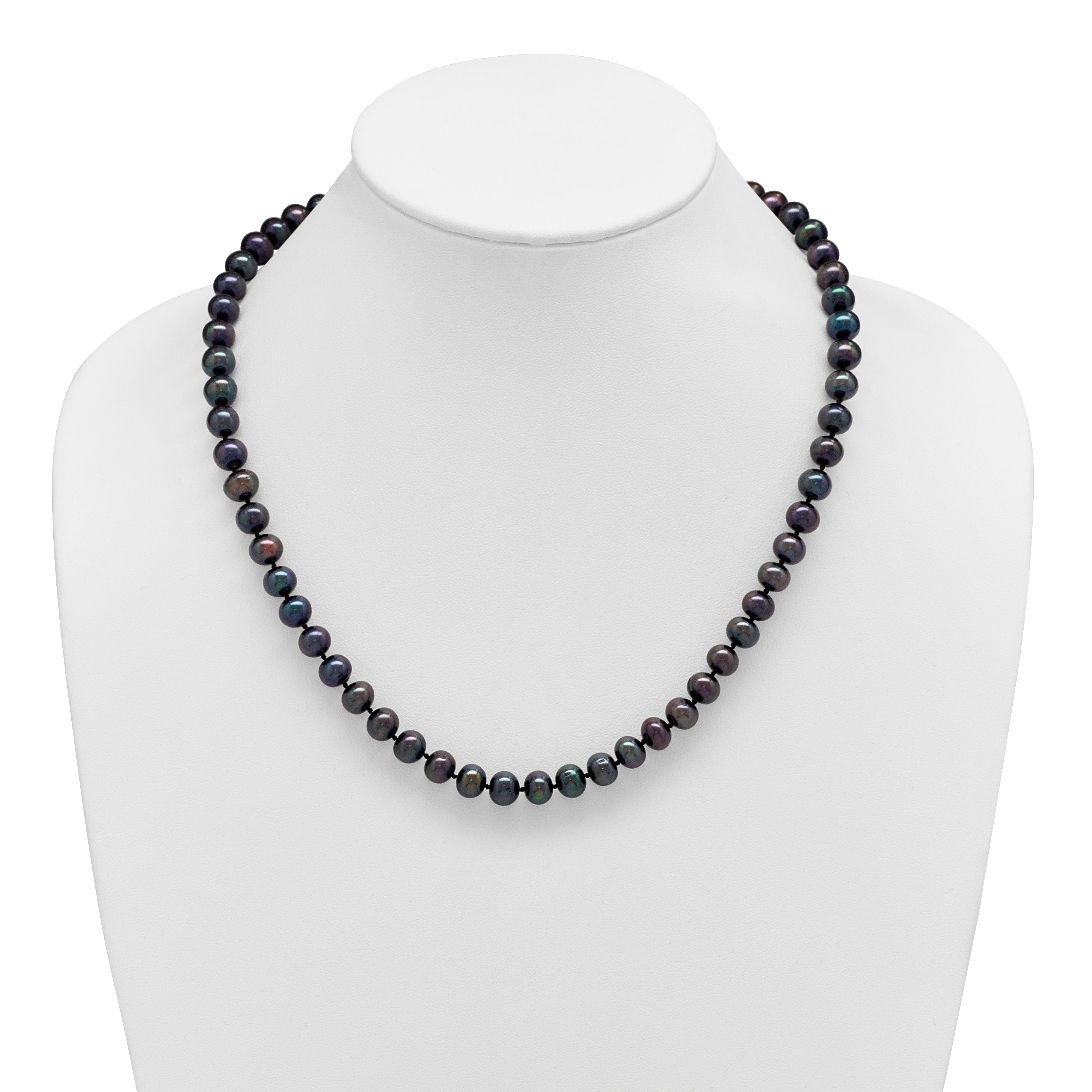 Sterling Silver Rhodium-plated 8-9mm Black Near-Round Freshwater Cultured Pearl 20 inch Necklace