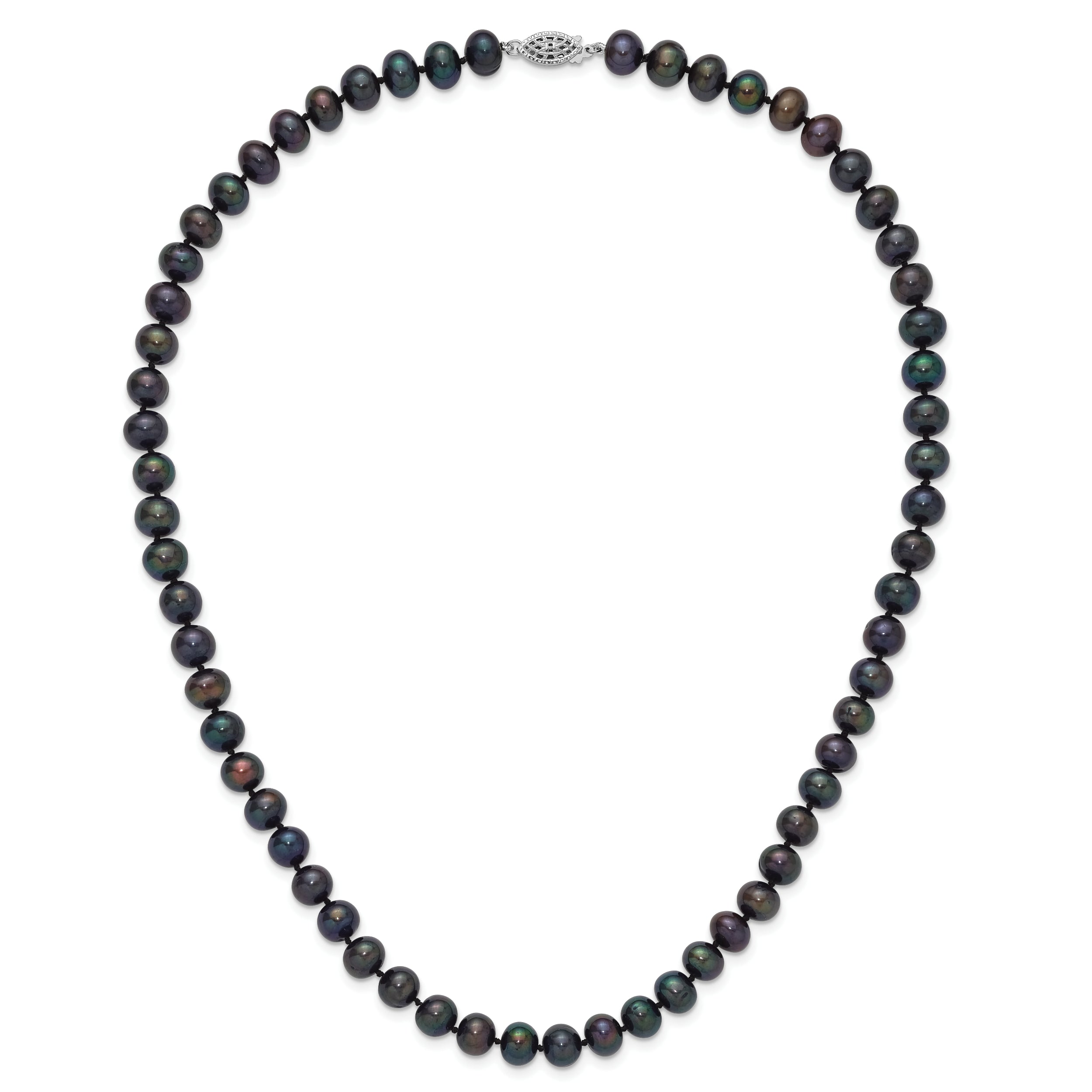 Sterling Silver Rhodium-plated 8-9mm Black Near-Round Freshwater Cultured Pearl 20 inch Necklace
