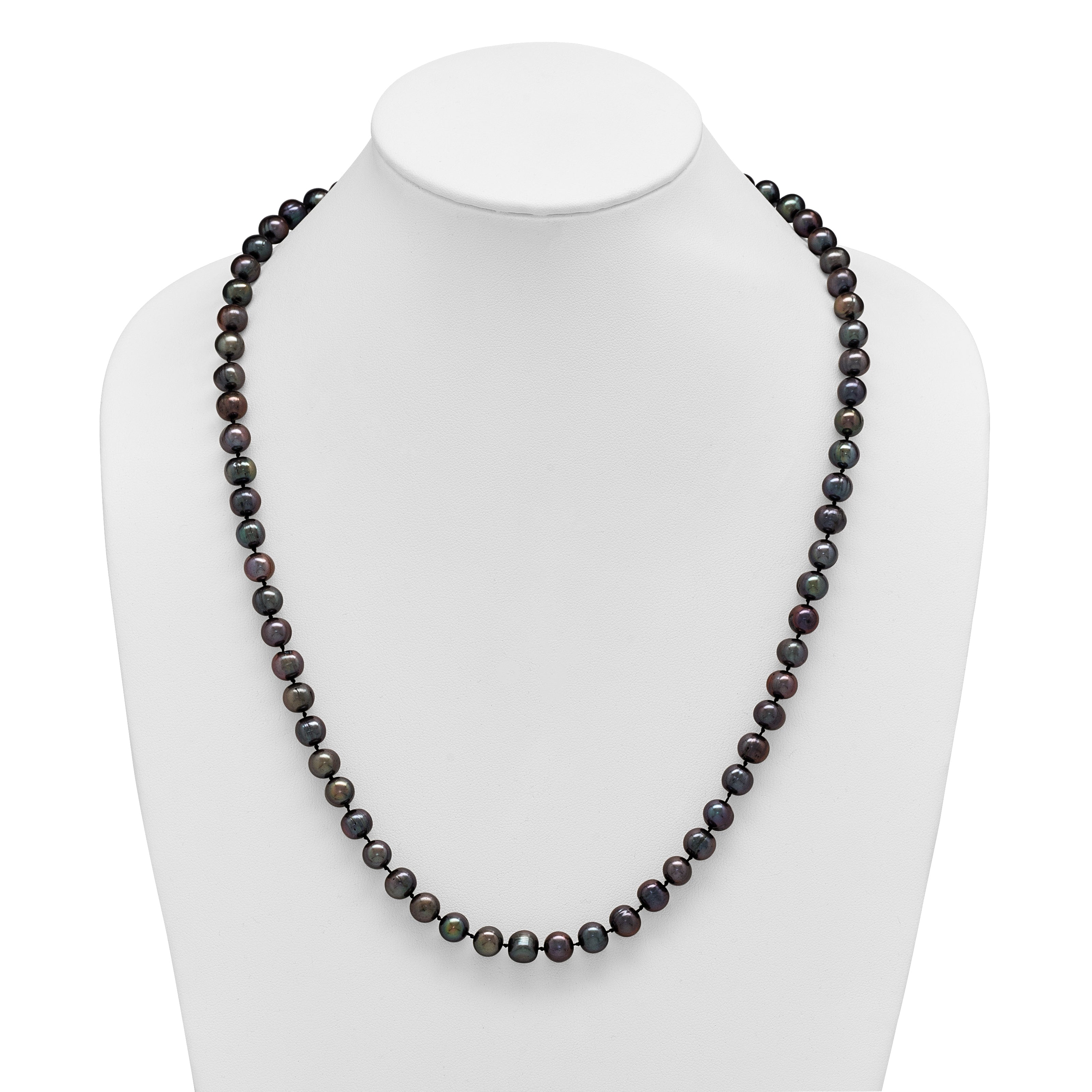 Sterling Silver Rhodium-plated 8-9mm Black Near-Round Freshwater Cultured Pearl 24 inch Necklace