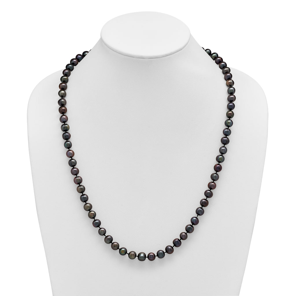 Sterling Silver Rhodium-plated 8-9mm Black Near-Round Freshwater Cultured Pearl Necklace