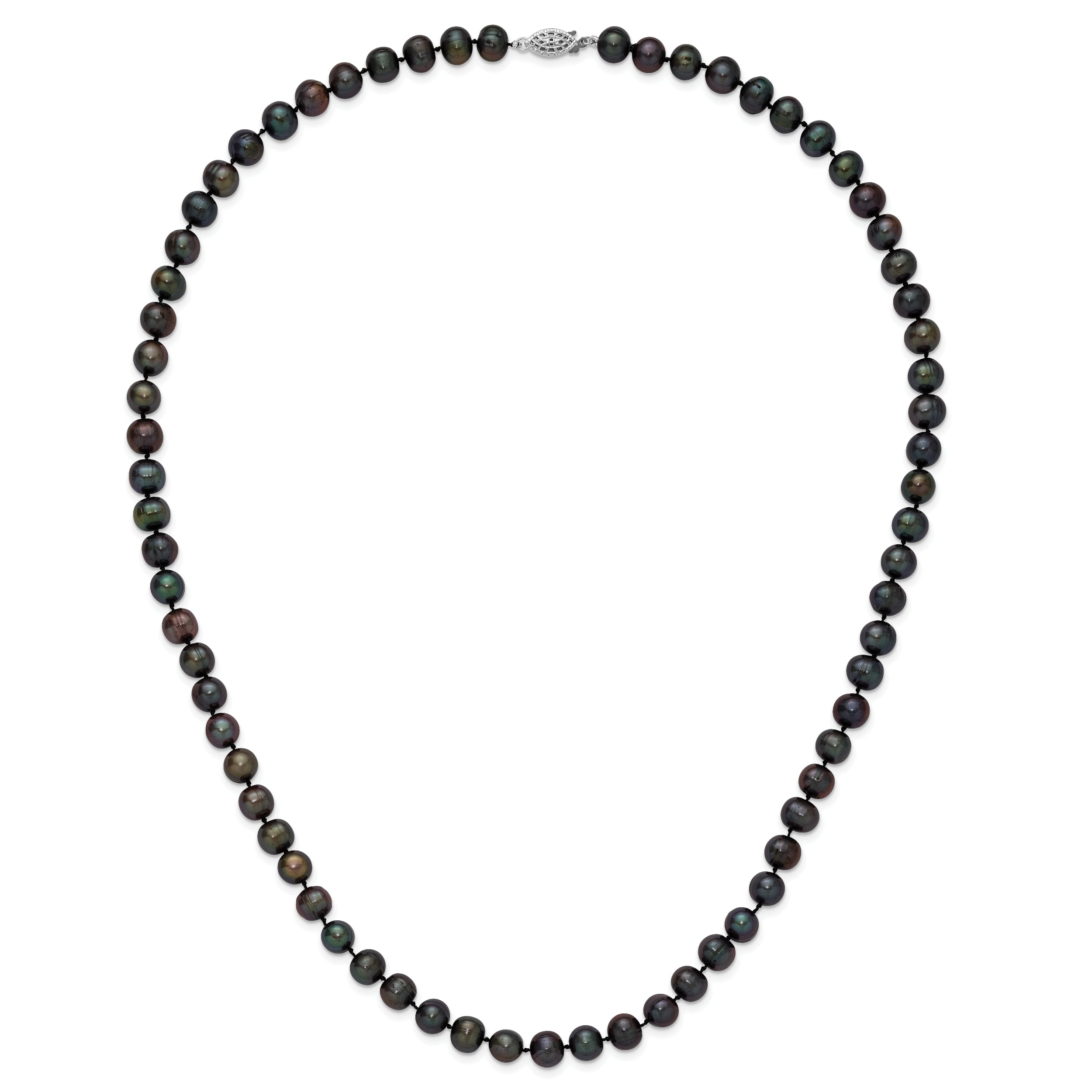 Sterling Silver Rhodium-plated 8-9mm Black Near-Round Freshwater Cultured Pearl 24 inch Necklace