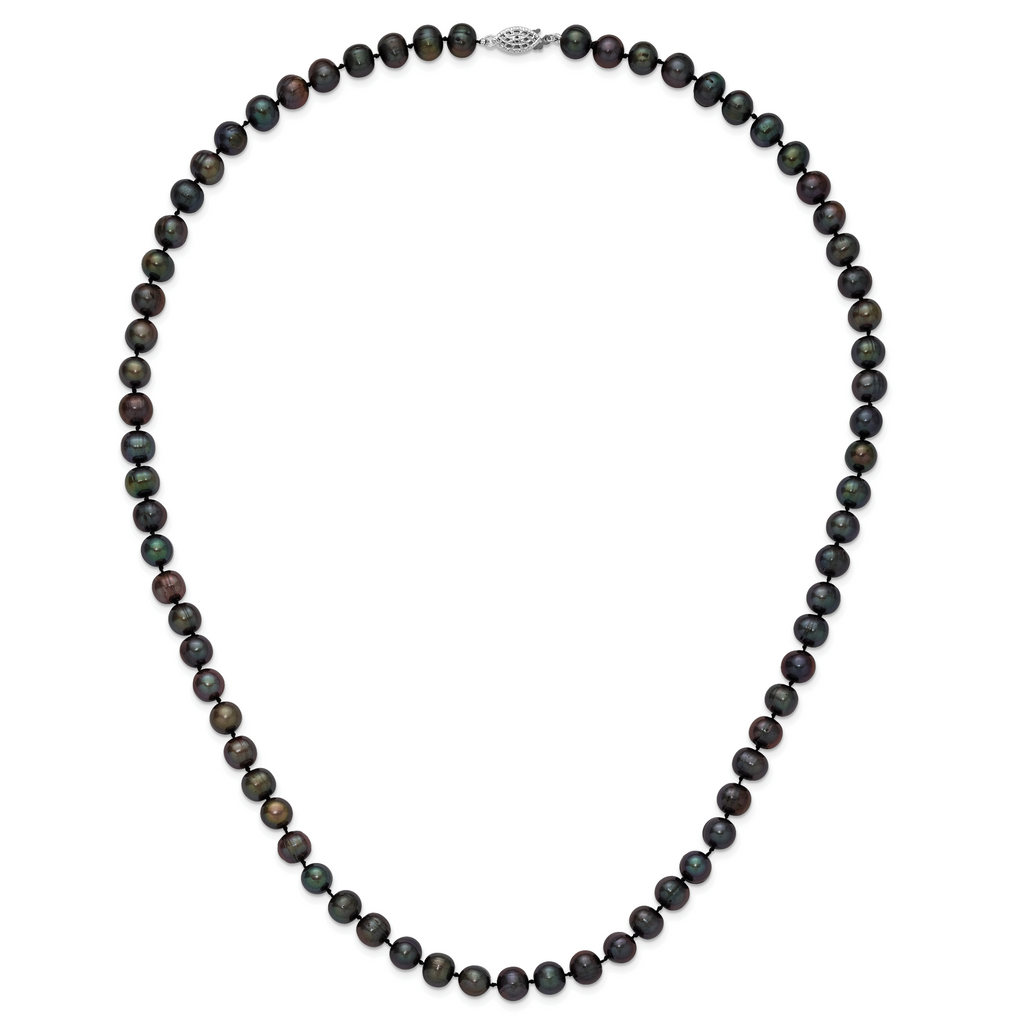 Sterling Silver Rhodium-plated 8-9mm Black Near-Round Freshwater Cultured Pearl Necklace