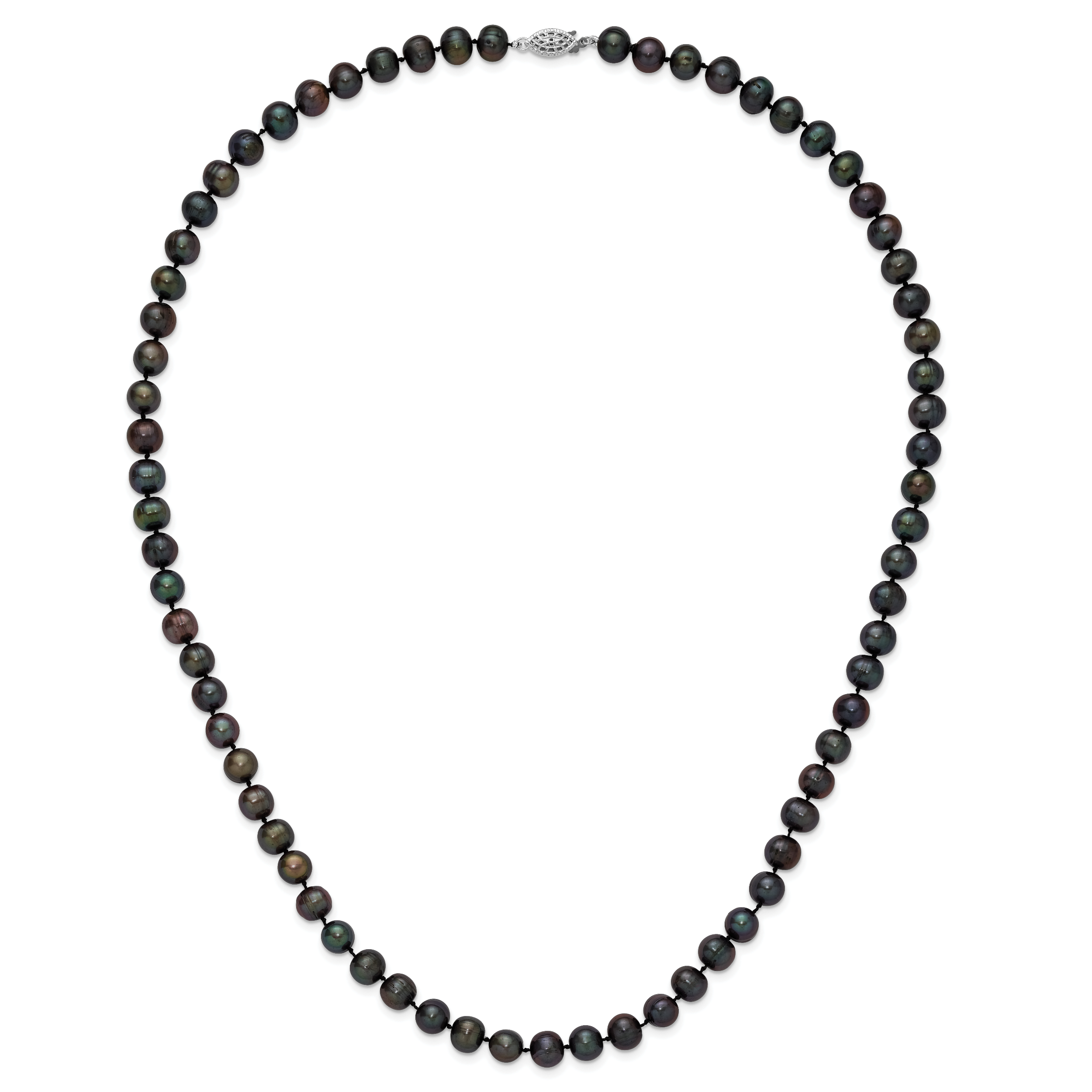 Sterling Silver Rhodium-plated 8-9mm Black Near-Round Freshwater Cultured Pearl Necklace