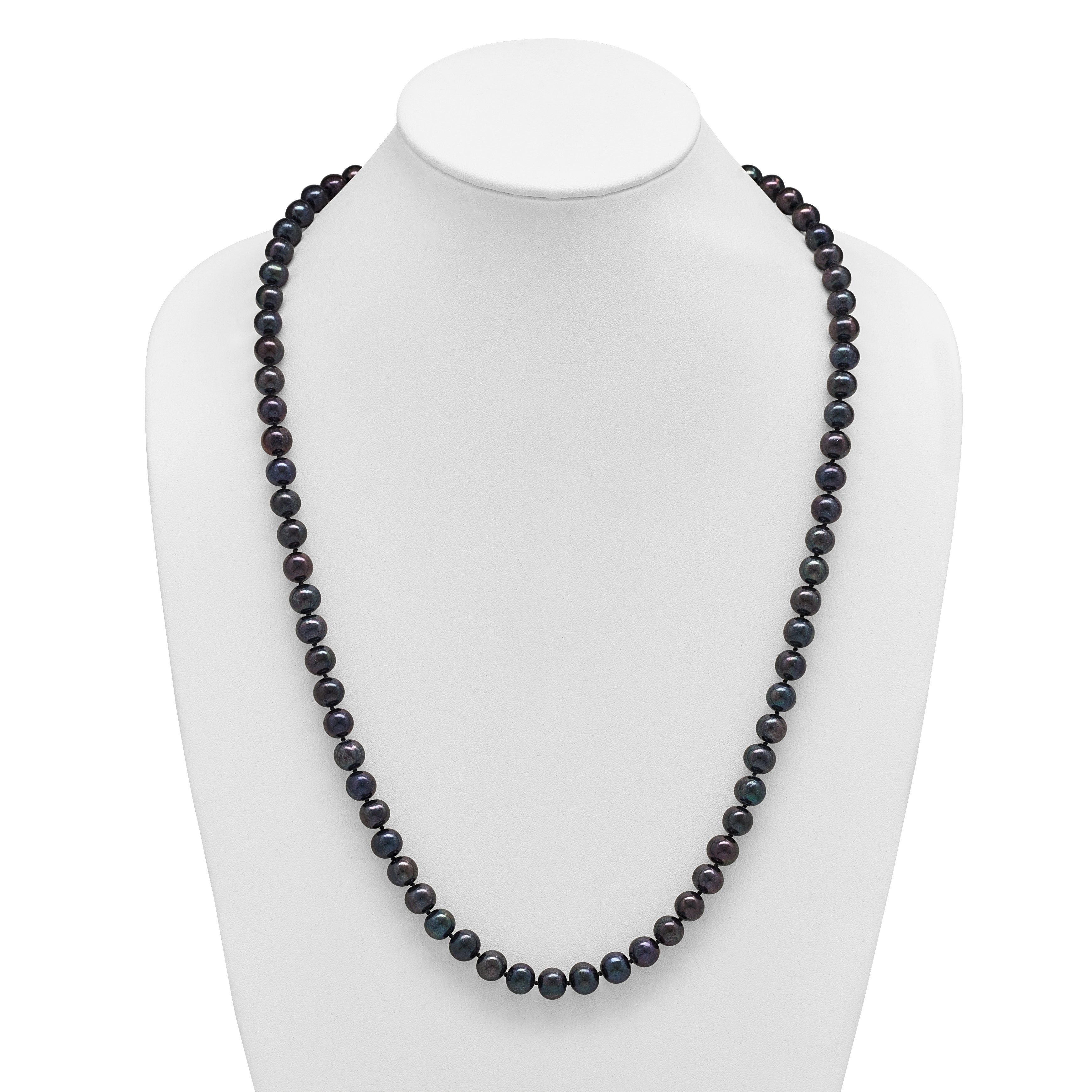 Sterling Silver Rhodium-plated 8-9mm Black Near-Round Freshwater Cultured Pearl 28 inch Necklace