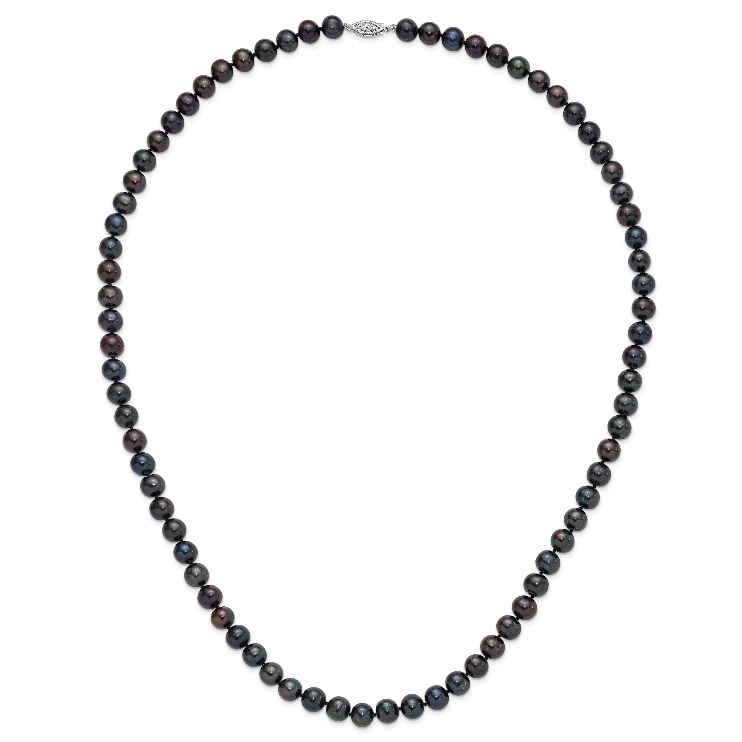 Sterling Silver Rhodium-plated 8-9mm Black Near-Round Freshwater Cultured Pearl 28 inch Necklace