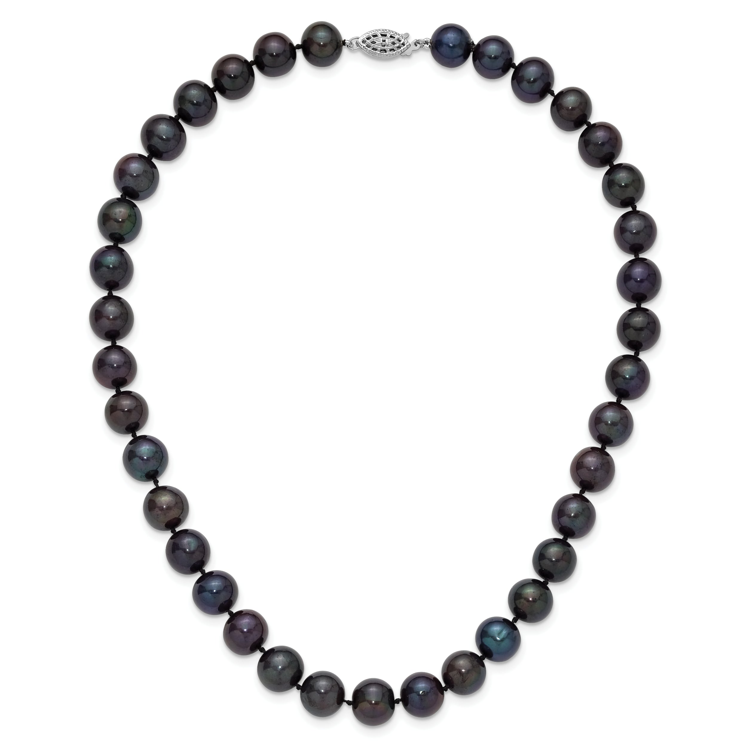Sterling Silver Rhodium-plated 10-11mm Black Near-Round Freshwater Cultured Pearl 16 inch Necklace