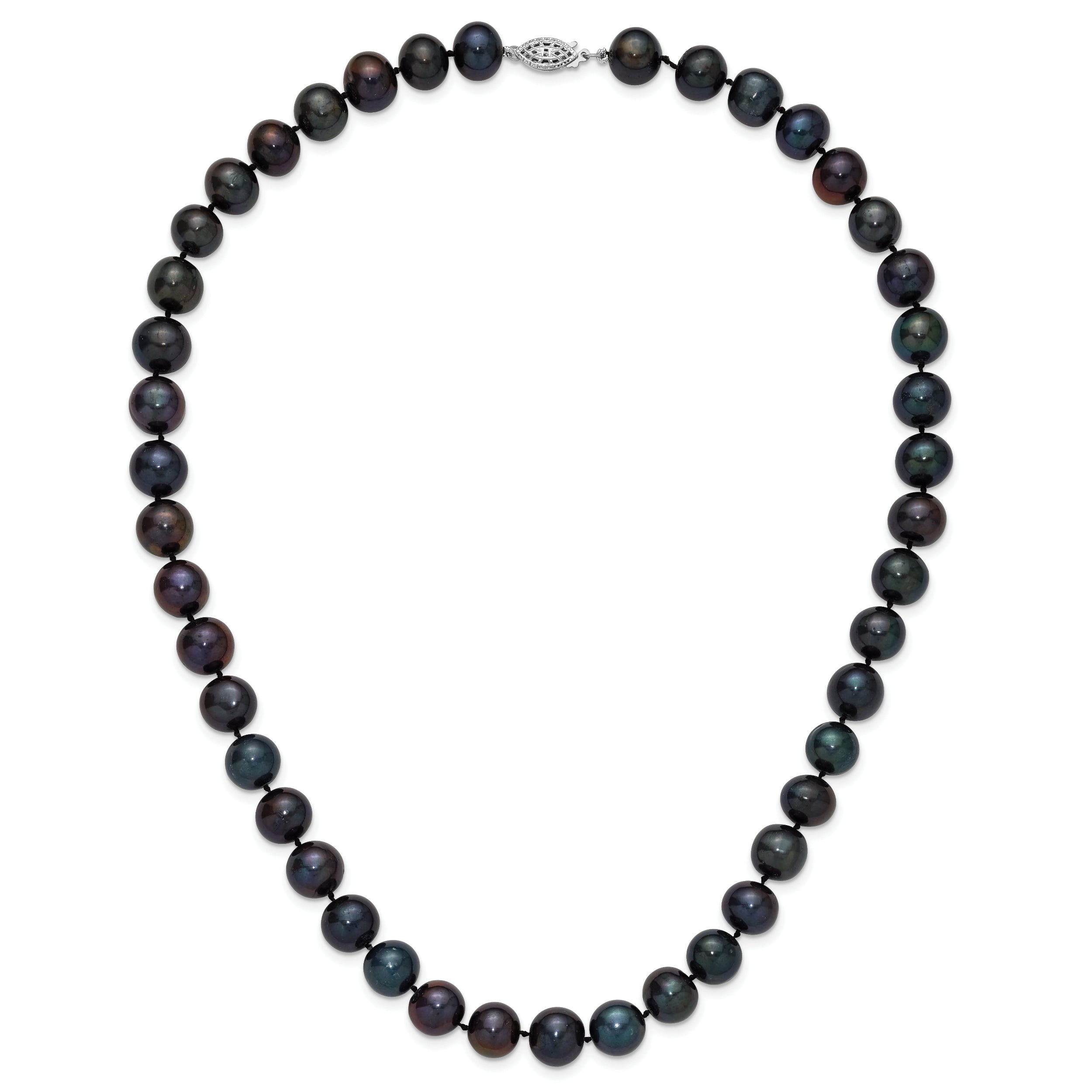 Sterling Silver Rhodium-plated 10-11mm Black Near-Round Freshwater Cultured Pearl 20 inch Necklace