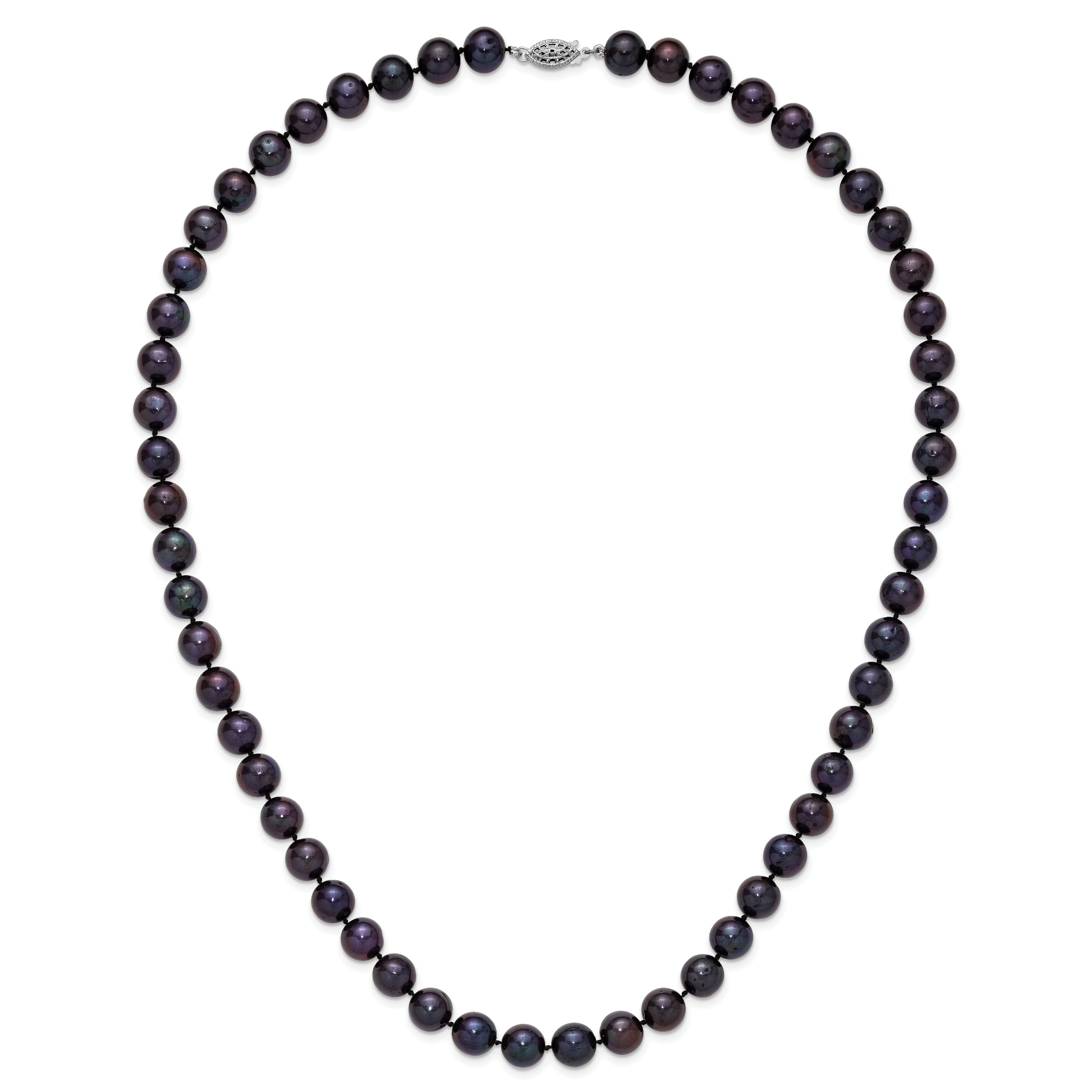 Sterling Silver Rhodium-plated 10-11mm Black Near-Round Freshwater Cultured Pearl 24 inch Necklace