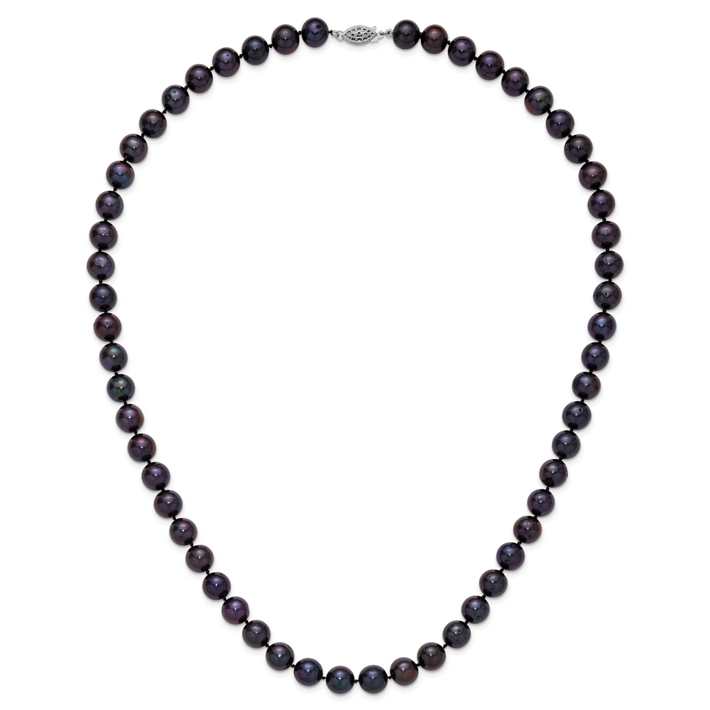 Sterling Silver Rhodium-plated 10-11mm Black Near-Round Freshwater Cultured Pearl 24 inch Necklace